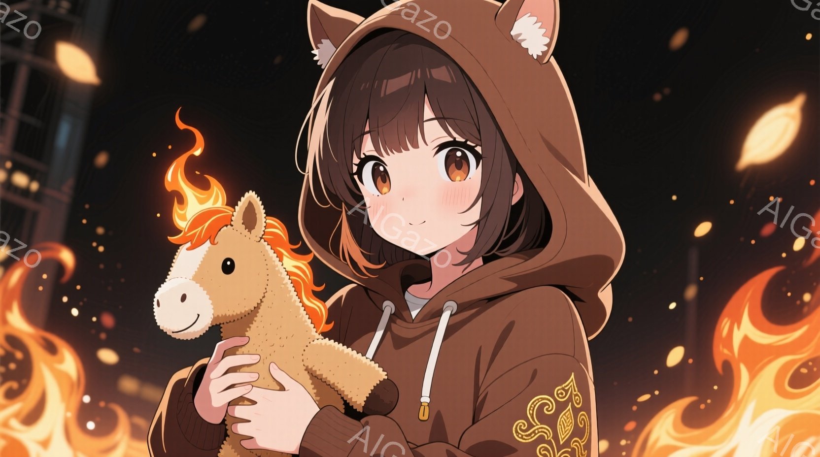 茶髪の少女が、茶色のパーカーを着て、抱きぬいぐるみを持っています。彼女は前を向いて微笑んでおり、パーカーのフードには可愛らしい耳が付いています。背景は燃え盛る炎と、ぼやけた光の粒子で構成され、幻想的で - AI生成フリー素材