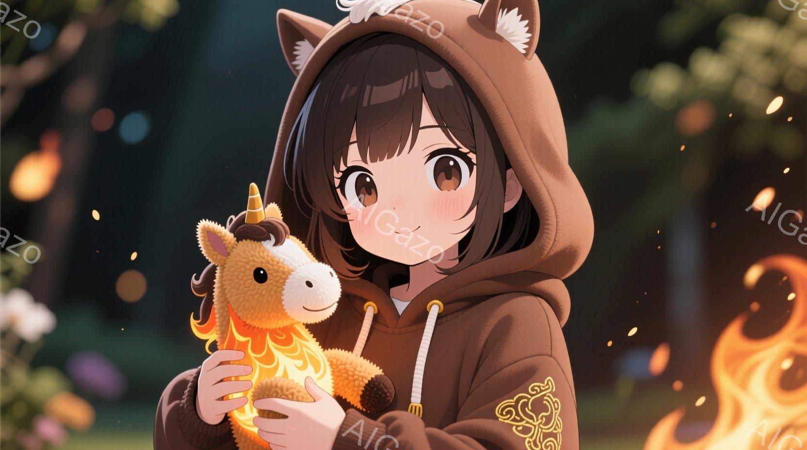 茶色の髪の少女は、フード付きの茶色のセーターを着ており、笑顔でユニコーンのぬいぐるみを抱きしめています。彼女は少し上目遣いで、優しい表情を浮かべており、セーターには金色の刺繍が施されています。背景は暗く、ぼやけた自然とちらつく光で構成され、暖かく、夢のような雰囲気を醸し出しています。