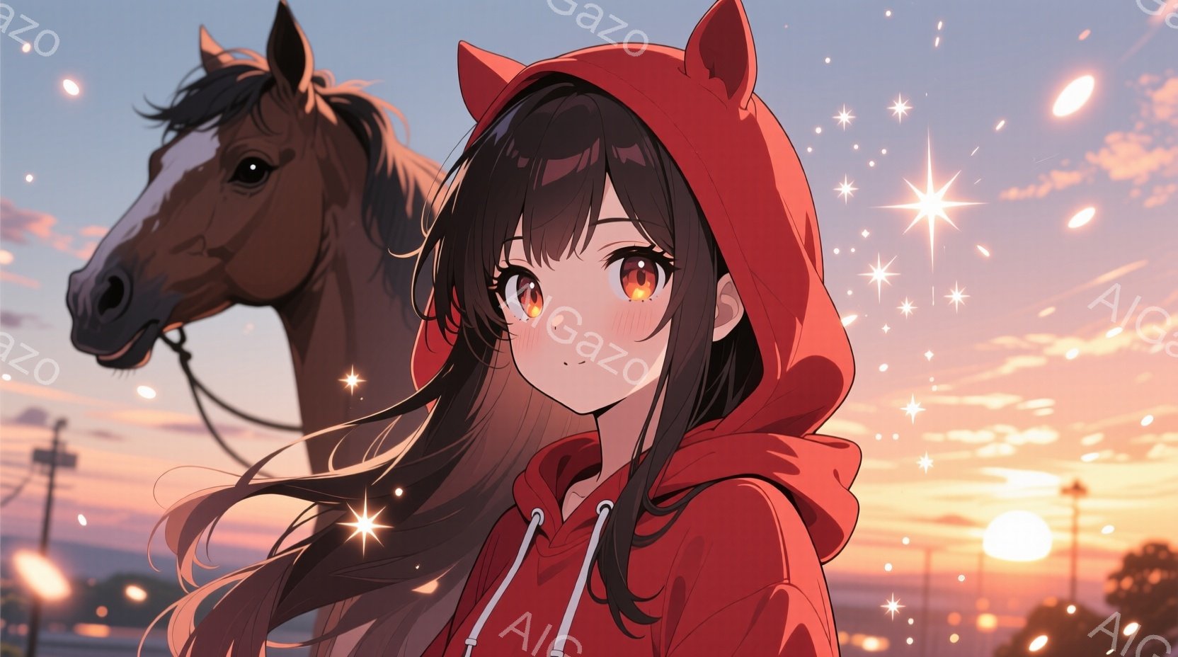 長い黒髪の少女が赤いパーカーを着ており、風になびいている。彼女は少し顔を上げ、穏やかな表情で遠くを見つめている。背景には夕焼け空と街並みが見え、所々に光の粒子が舞い、幻想的な雰囲気を醸し出している。 - AI生成フリー素材