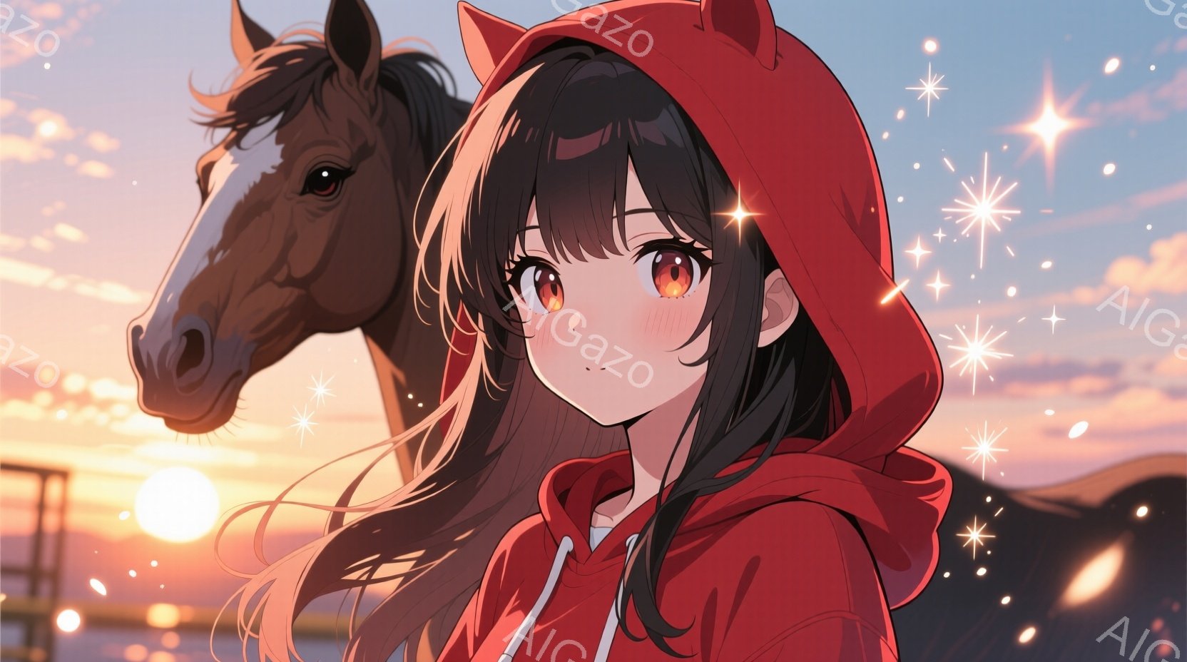 長い黒髪で、赤いパーカーを着た若い女性が描かれています。彼女は少し顔を赤らめ、穏やかな微笑みを浮かべており、背景には夕焼けと馬がシルエットで描かれています。 全体的に、暖かく、穏やかで、少しノスタルジ - AI生成フリー素材