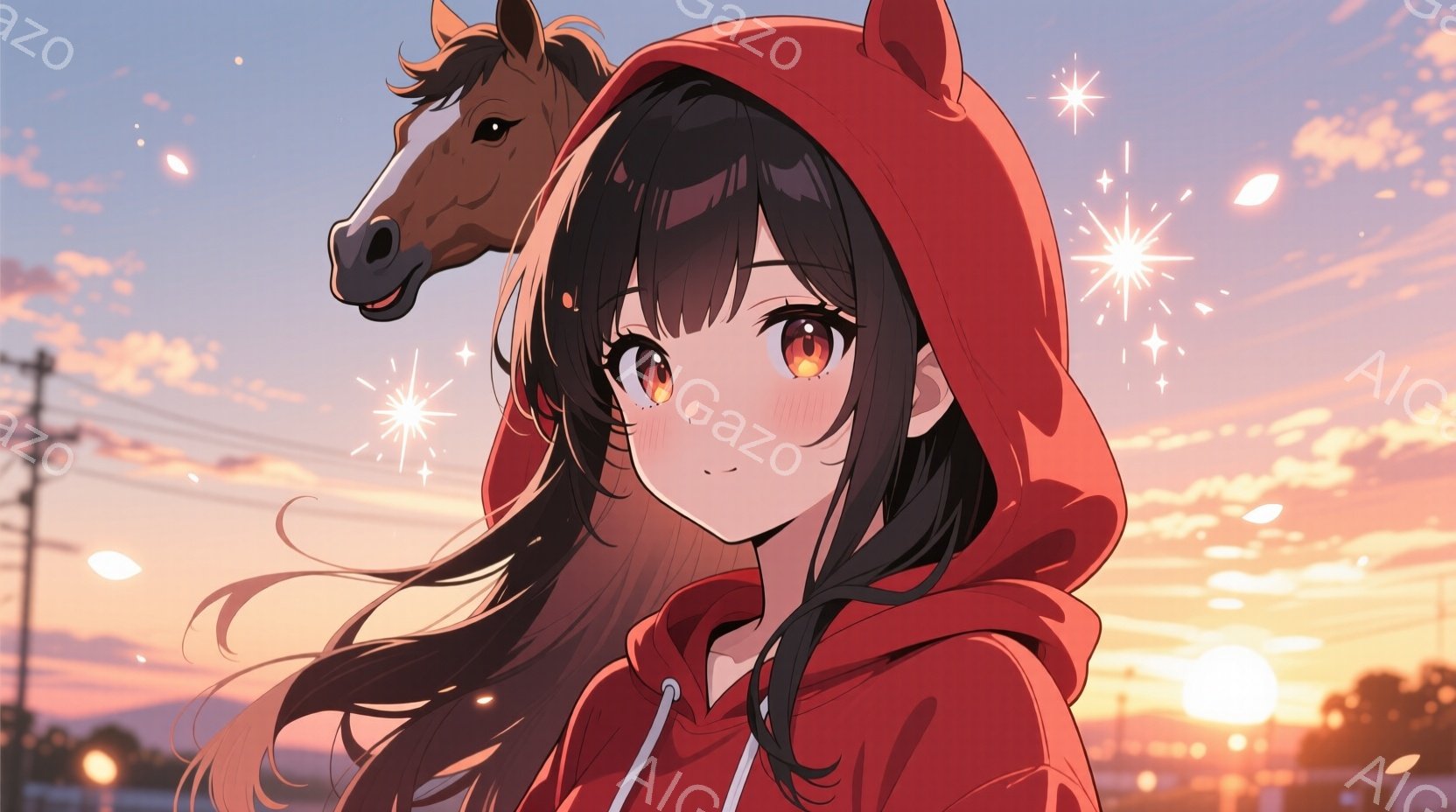 長い黒髪の少女が赤いパーカーを着て、少し上目遣いに微笑んでいます。背景には夕焼けの空と草原、遠くに見える建物が広がっており、少女の髪が風になびいています。全体的に暖かく、穏やかな雰囲気が漂っています。 - AI生成フリー素材