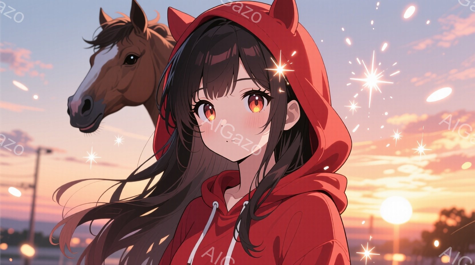 長い黒髪の少女が赤いパーカーを着ており、顔には少し恥ずかしそうな表情が見られます。彼女の髪は風になびき、背景には夕焼け空と街の明かりがぼやけて見えます。全体的に、暖かく、少し幻想的な雰囲気です。