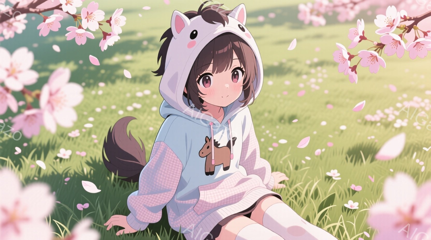 茶色の髪と大きな瞳を持つ若い女性が描かれています。彼女は馬のモチーフが付いた白いパーカーを着て、緑の草原に座ってリラックスした姿勢をとっています。背景には桜の花びらが舞い、春の穏やかな雰囲気が漂っています。