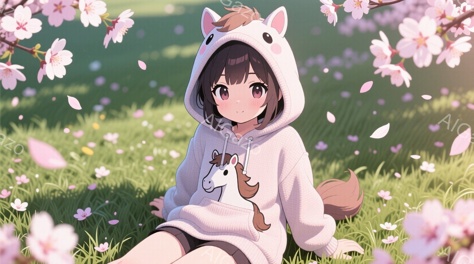 桜の花びらが舞う草原に座っている若い女性を描いています。彼女は白いユニコーンのプリントが施されたオーバーサイズの白いパーカーを着ており、茶色の髪は少しカールしていて、顔の横に垂れ下がっています。彼女は - AI生成フリー素材