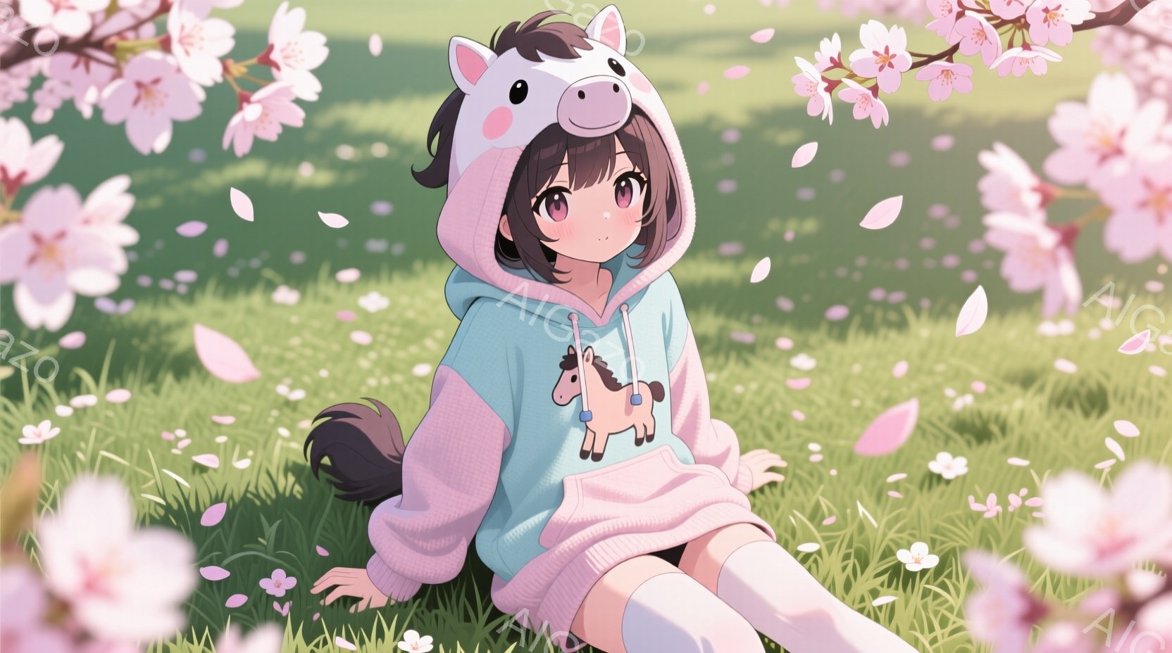 女の子は、ピンクと水色のゆったりとしたパーカーを着て、足元は白い靴下を履いています。彼女は黒い髪を後ろで一つにまとめ、リラックスした表情で草の上に座って足を伸ばしています。背景には桜の花びらが舞い散り、春の穏やかで優しい雰囲気を醸し出しています。