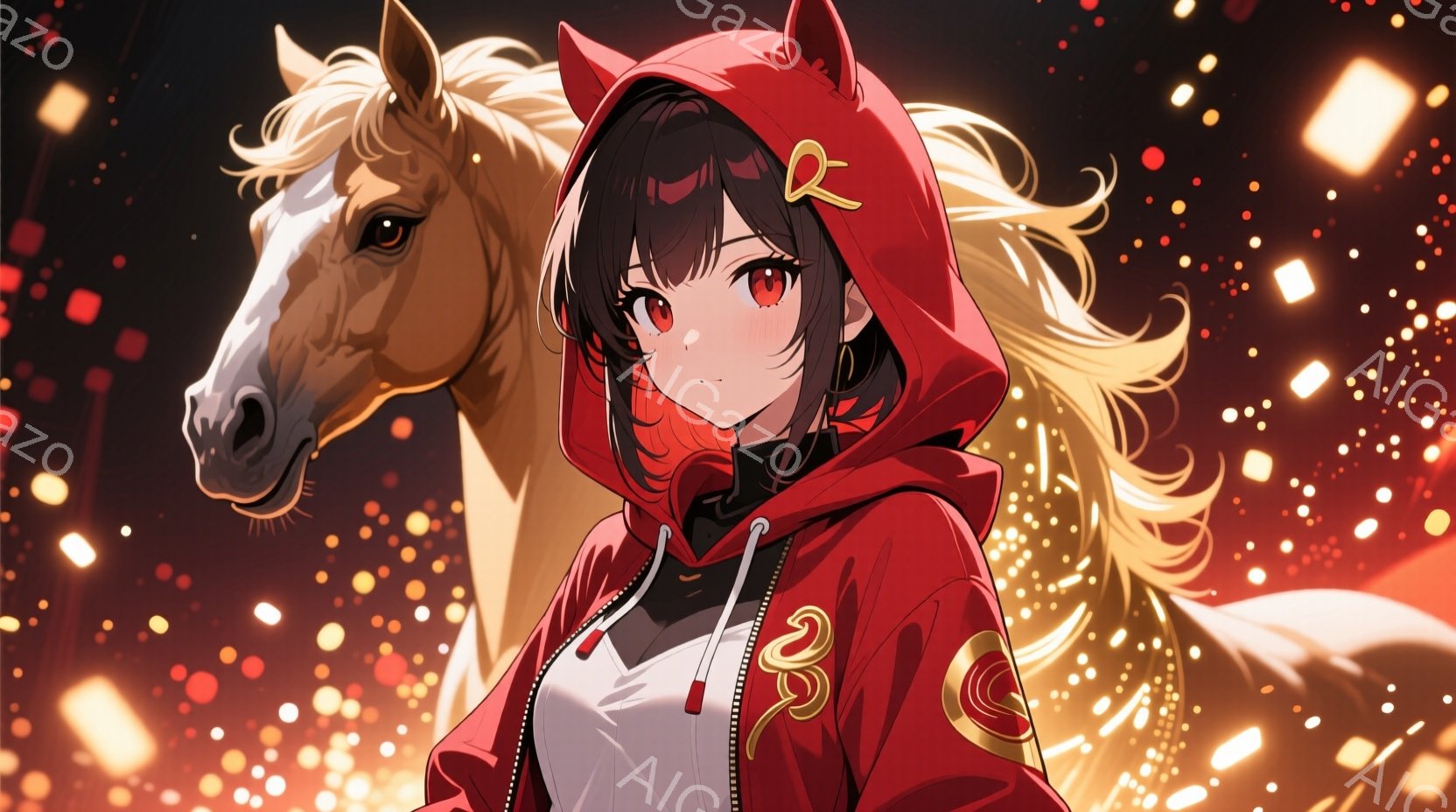 赤いパーカーを着た若い女性と、背景に描かれた茶色の馬が写っています。女性は黒髪で、パーカーのフードをかぶり、少し自信に満ちた表情をしています。背景は赤い光の粒子で満たされ、ドラマチックで活気に満ちた雰 - AI生成フリー素材