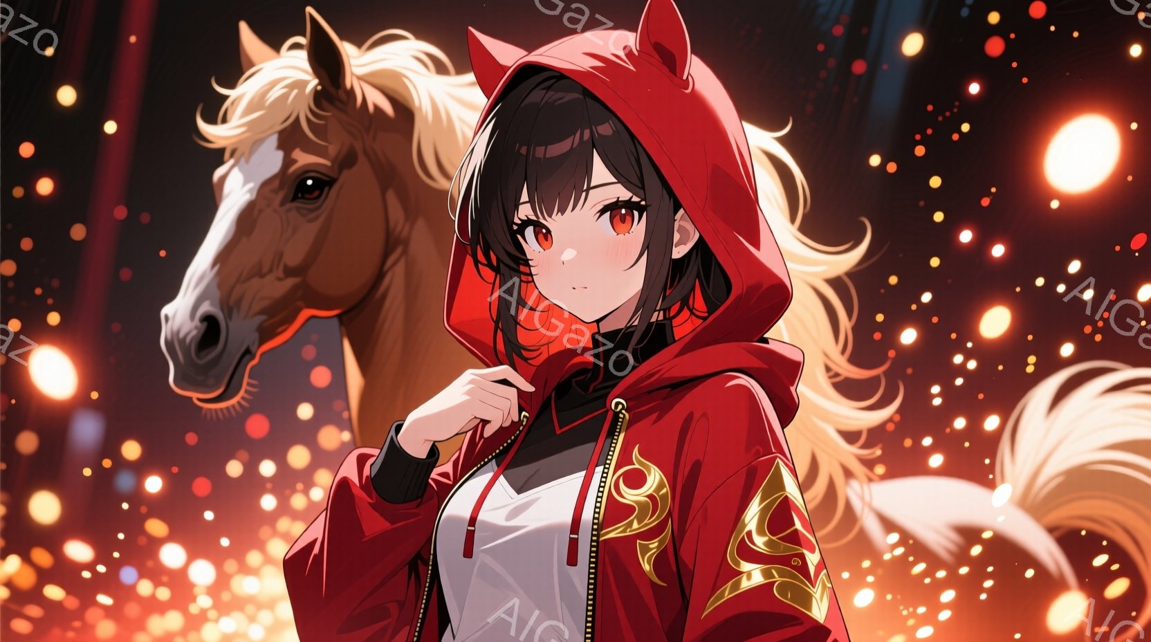 長い金髪をなびかせた女性が、赤いパーカーを着て立っている。パーカーには金色の模様が施されており、彼女は少し挑発的な表情で片手を上げている。背景は光り輝く粒子で満たされ、茶色の馬がぼんやりと見える、ダイ - AI生成フリー素材