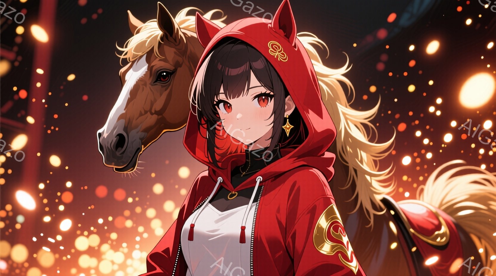 長い金髪と赤いパーカーが印象的な少女が描かれています。彼女は少し上目遣いで、自信に満ちた表情をしています。背景は暗く、金色の光の粒子が舞い、幻想的な雰囲気を醸し出しています。 - AI生成フリー素材