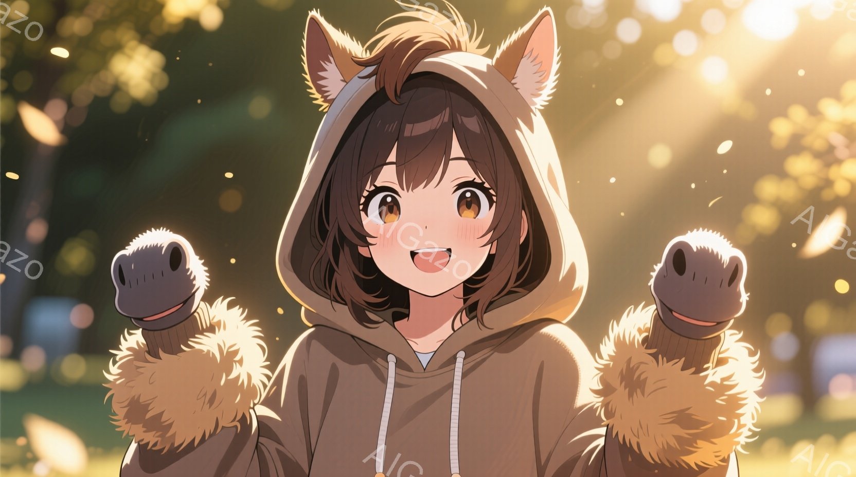 栗色の髪をした若い女性が、ふわふわの襟と袖を持つベージュ色のパーカーを着ています。彼女は両手を高く上げ、明るく笑顔を見せており、非常に陽気な表情をしています。背景には、ぼやけた自然の風景と、太陽光が降り注ぐ明るい屋外の様子が描かれており、全体的に温かく、楽しい雰囲気が漂っています。