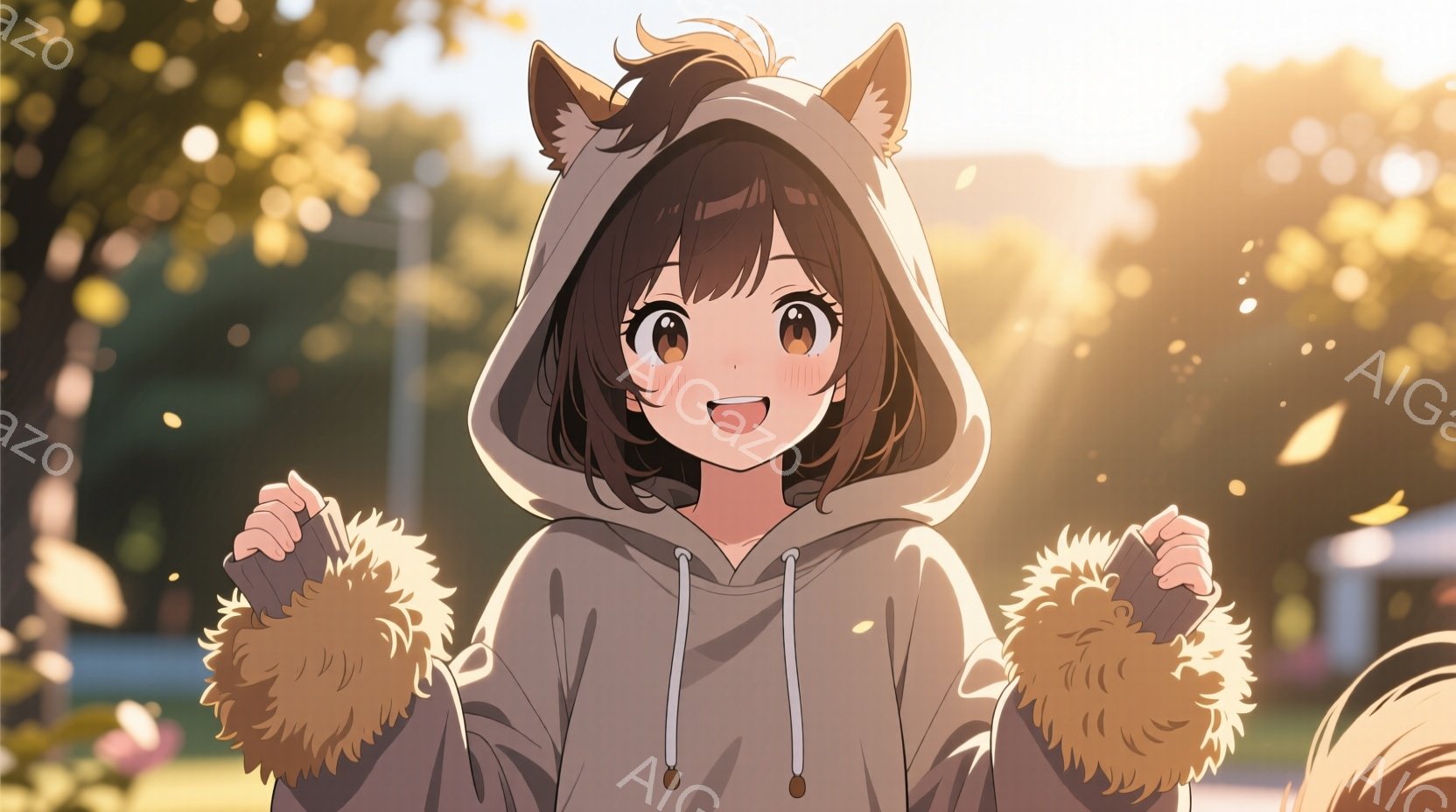 茶髪の少女が、フード付きのベージュ色のセーターを着ています。セーターの袖にはふわふわの茶色の毛皮のような装飾があり、可愛らしい印象を与えます。背景には緑豊かな木々や建物が見え、柔らかな光が差し込み、温かく穏やかな雰囲気が漂っています。
