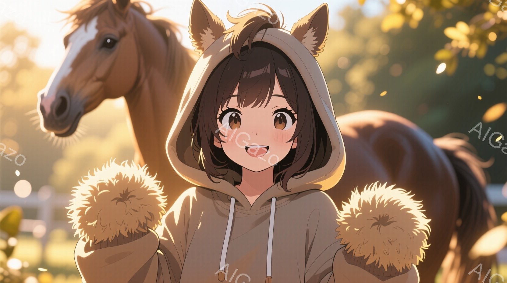 茶色の髪の少女が、耳がついたフード付きのセーターを着て微笑んでいます。彼女は両腕にふわふわした小さな動物（おそらくウサギ）を抱きしめており、背景には茶色の馬とぼやけた自然の風景が見えます。全体的に、暖かく、柔らかく、優しい雰囲気が漂っています。