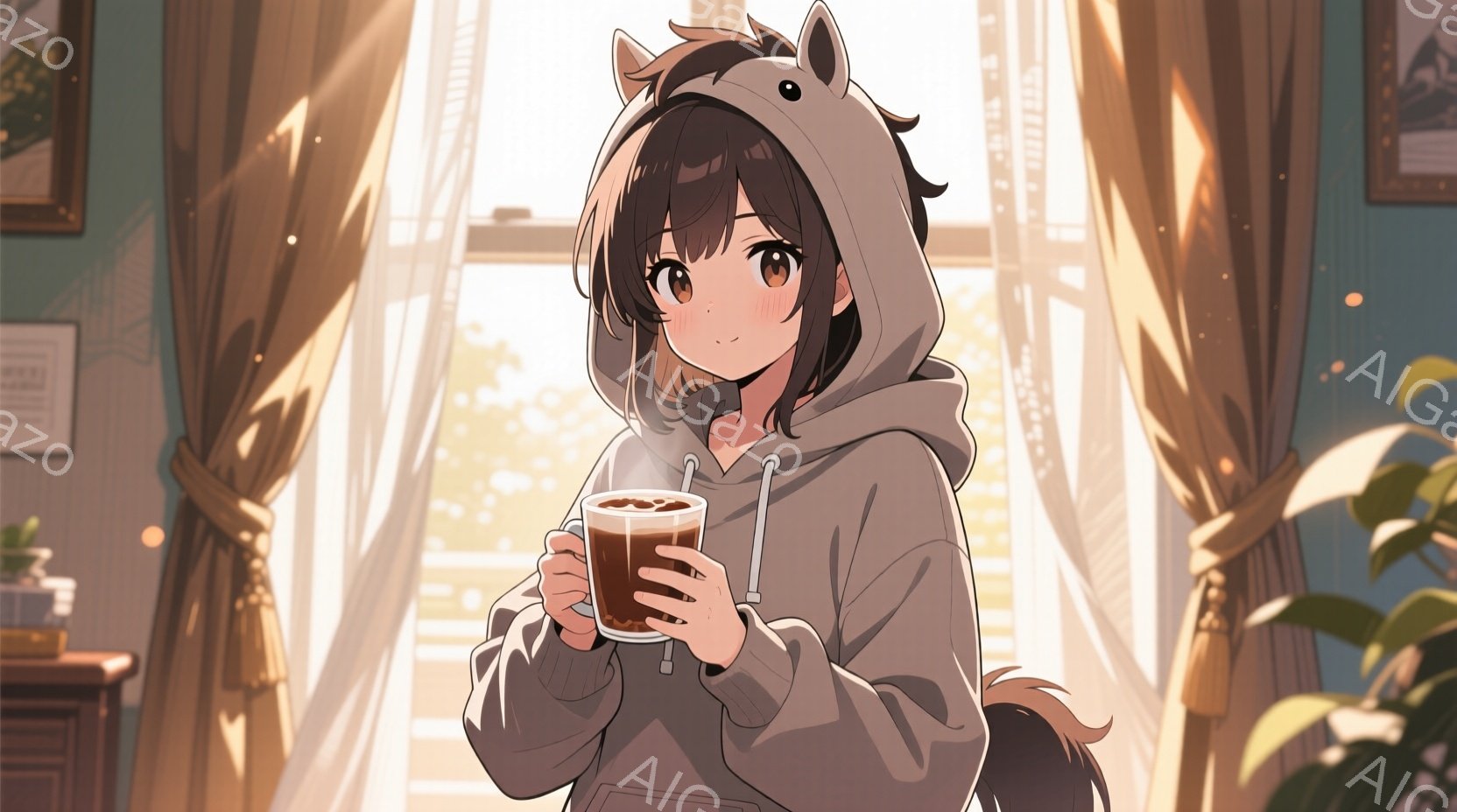 長い茶色の髪の女性が、動物の耳がついたグレーのパーカーを着て、温かい飲み物を両手で抱えています。彼女は窓の近くに立っており、柔らかな光が彼女を照らし、穏やかでリラックスした表情をしています。背景には植物と絵画があり、部屋全体が暖かく穏やかな雰囲気を醸し出しています。