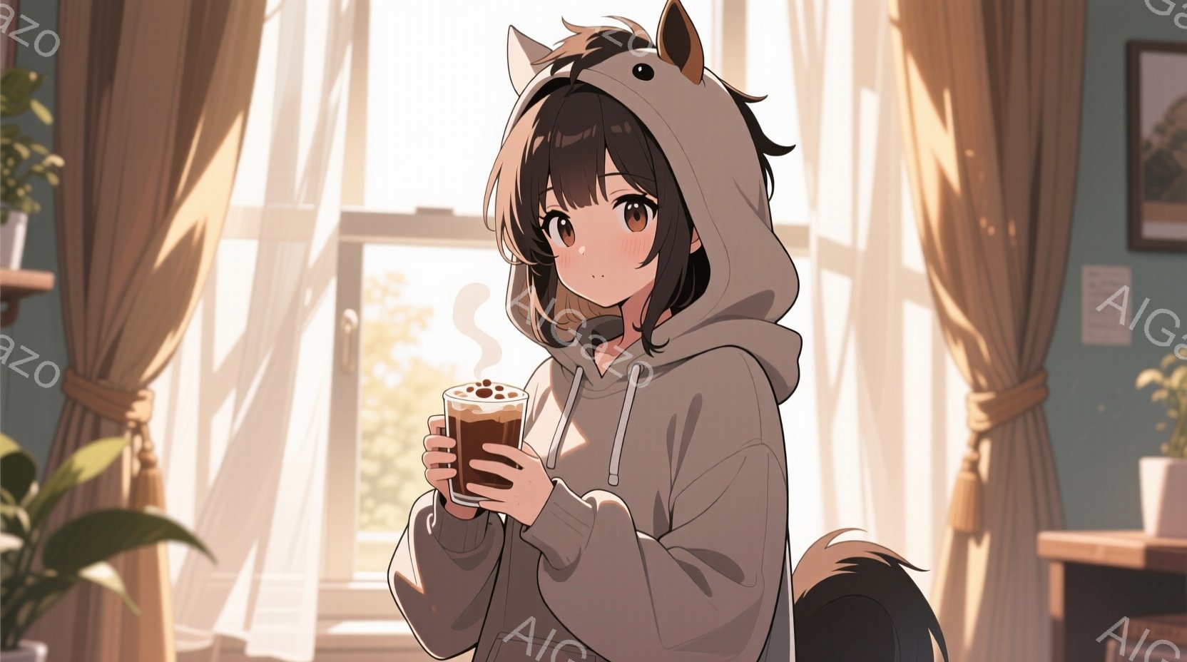 茶色の髪をした若い女性が、馬耳のようなフード付きのグレーのパーカーを着て、温かい飲み物を両手で抱えています。彼女は少し微笑んでおり、窓から差し込む柔らかい光の中でリラックスした表情をしています。背景に - AI生成フリー素材