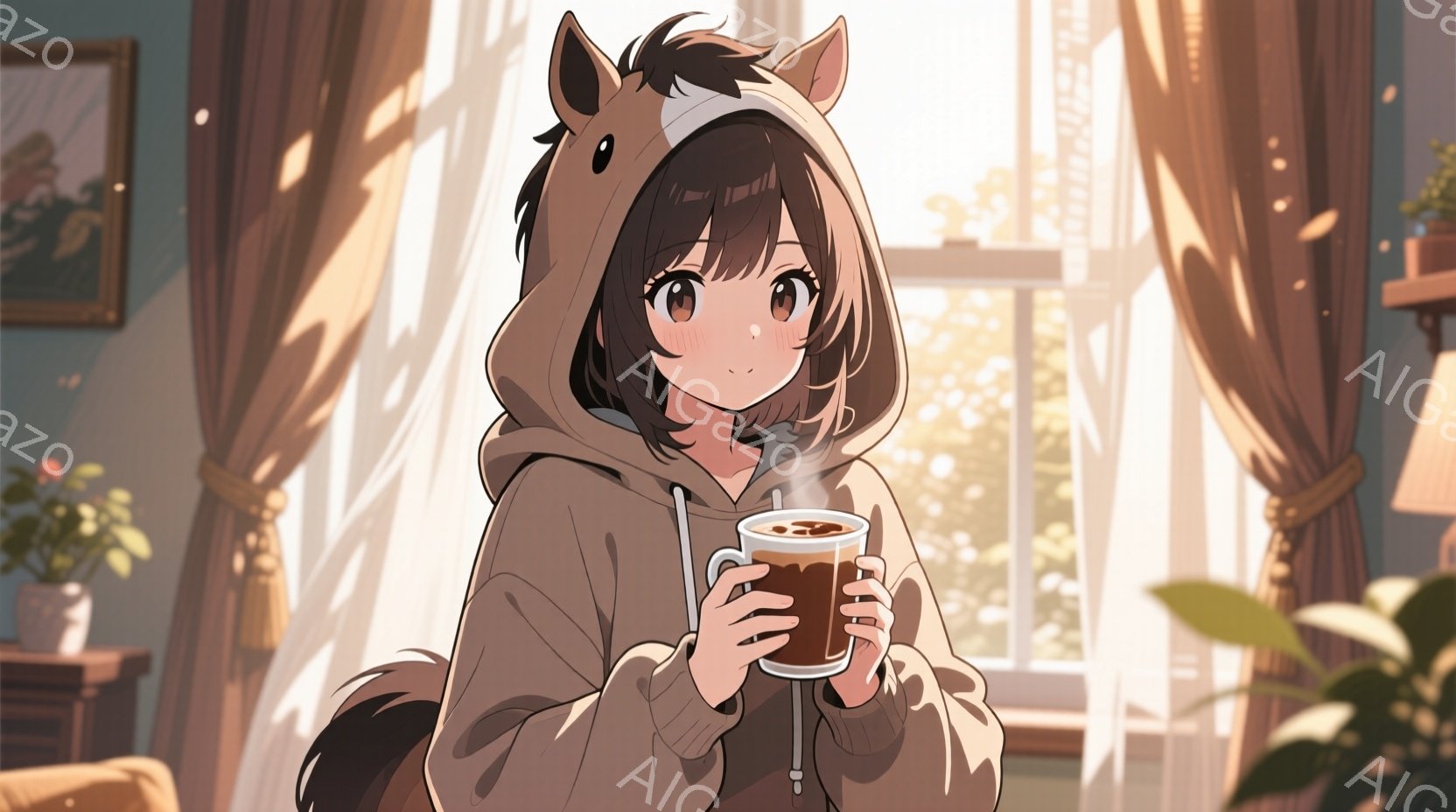 茶色の髪をした少女が、馬の着ぐるみを着て、片手に温かい飲み物を抱えています。窓から差し込む光が彼女を照らし、リラックスした表情で穏やかな時間を過ごしている様子が伺えます。背景には植物や絵画があり、暖かい室内と明るい自然光が心地よい雰囲気を醸し出しています。
