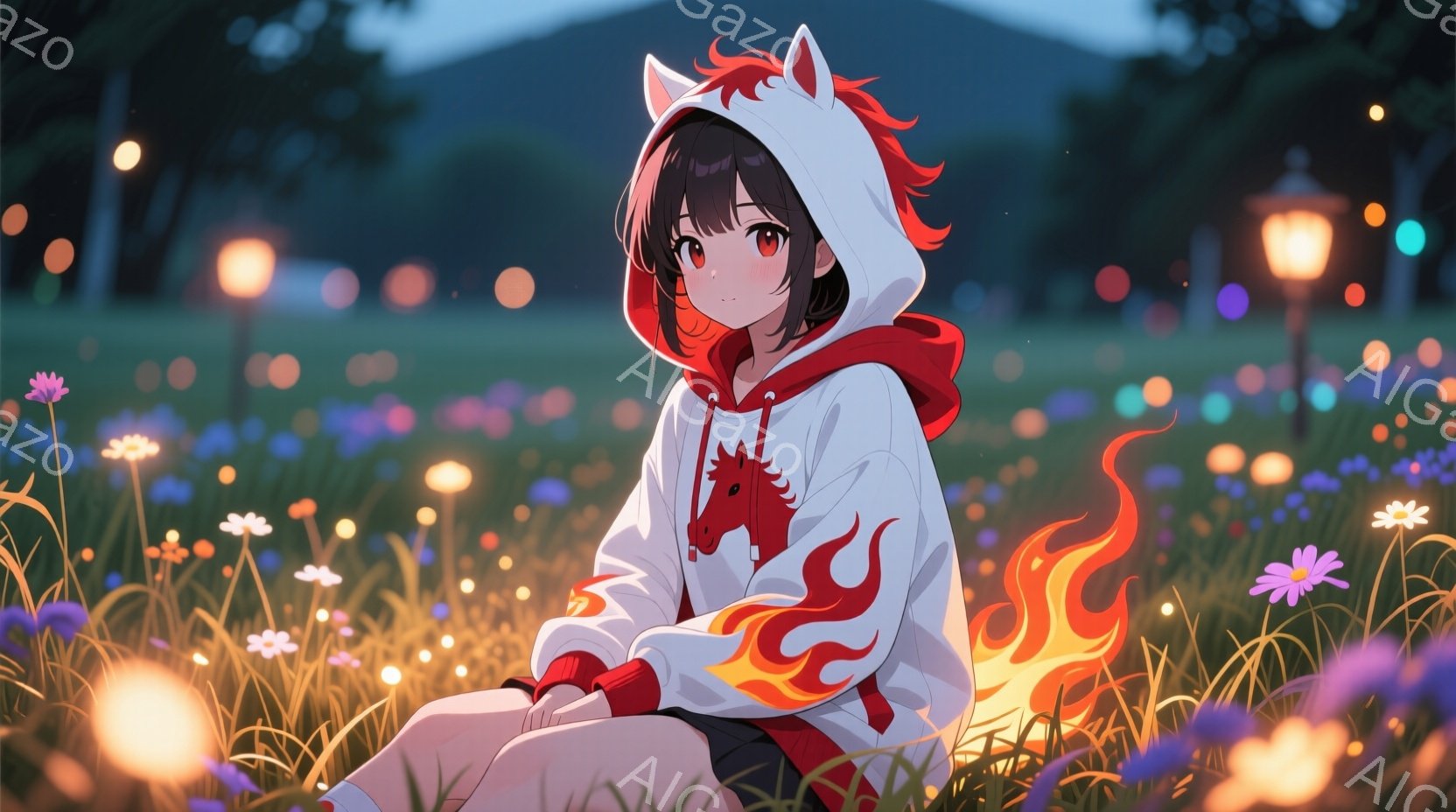 短い茶色の髪に赤いリボンを付けた少女が、馬の絵柄が描かれた白いパーカーを着て、草むらに座っています。彼女は少し物憂げな表情で、膝を抱えています。背景には、ぼんやりとした建物と、小さな光が散りばめられた - AI生成フリー素材