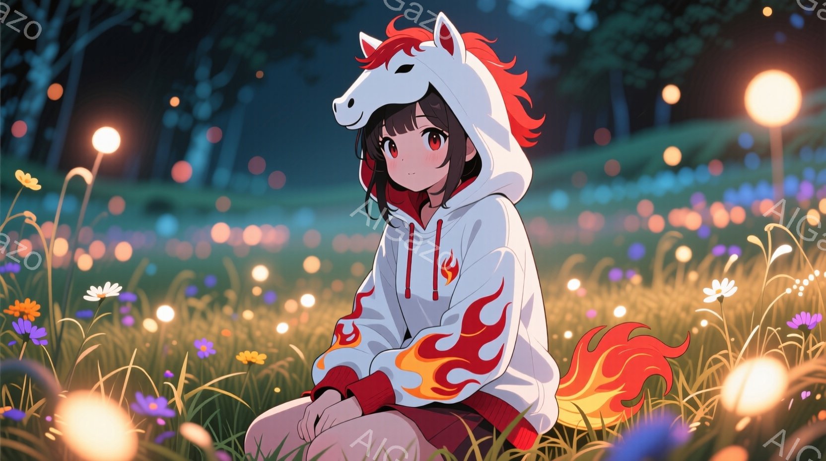 夜にぼんぼん状の雲が空を覆う落月の下で描かれた魔法の森のような風景。中央に座り、瞑想する少女がいます。彼女は火のスリッパを履き、頭に羽根付きのマンガニアのキャラクターのような獣の魂（パフ）が入ったハッピースウィザードのハットをかぶっています。彼女は、紫色の星で覆われた草地に座り、周りは花や木が点在しています。彼女は柔らかな表情で、心を開いているような空気を持っています。