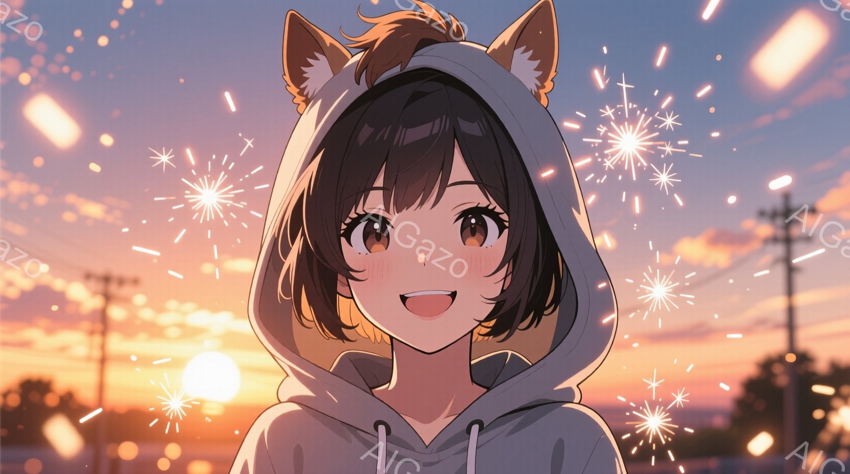 明るい茶色のショートヘアに、動物のような耳がついたフードを被った若い女性が描かれています。彼女は笑顔で、楽しそうな表情をしています。背景には夕焼け空と街の明かり、そして花火のような光の粒子が散りばめられており、暖かく幻想的な雰囲気を醸し出しています。