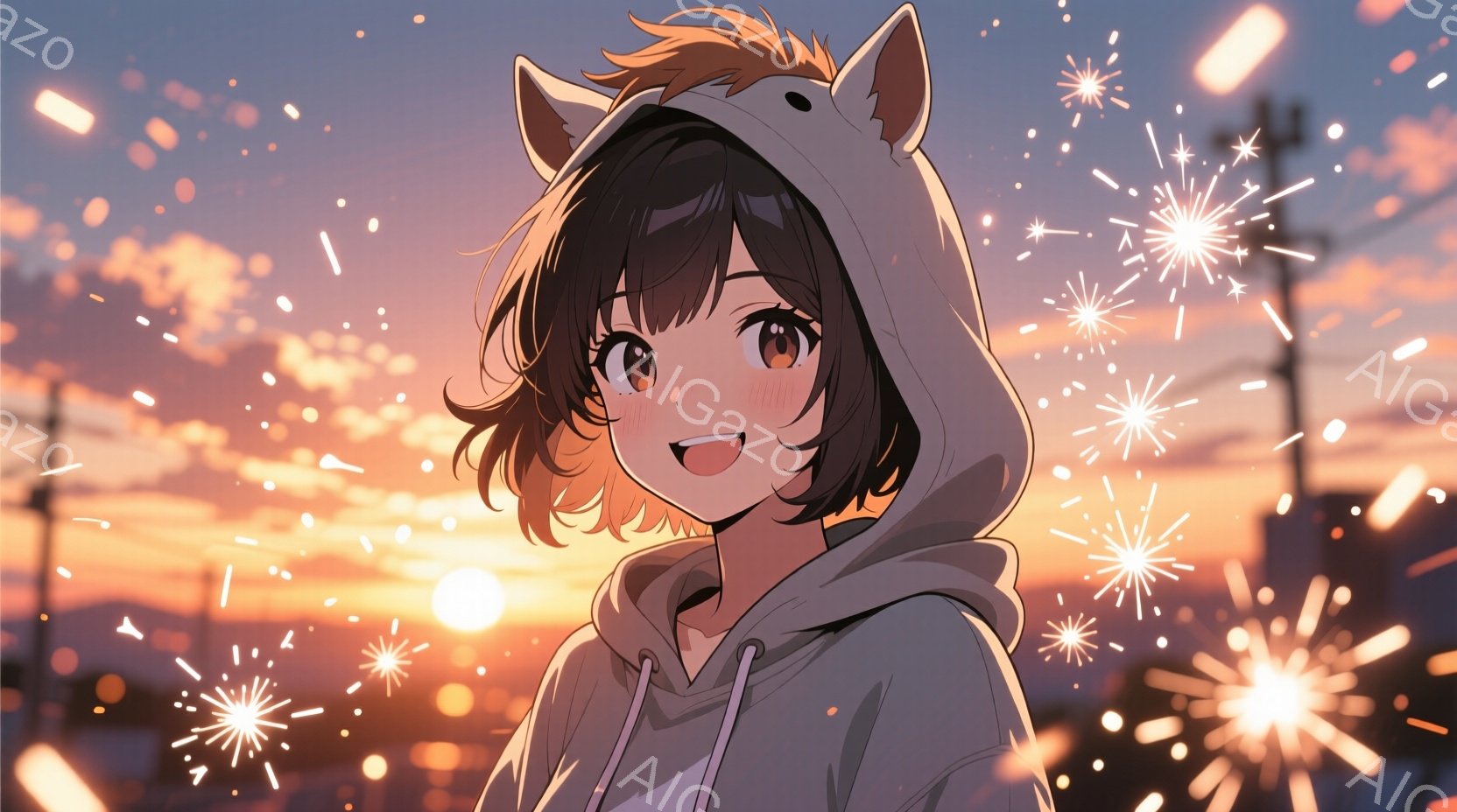 少女は、フード付きのセーターを着て、少し微笑んでいます。彼女の髪は短く、カールしていて、明るいオレンジ色と茶色のハイライトが入っています。背景には、夕焼けの空と、ぼやけた都市の明かりが見え、暖かい雰囲気を作り出しています。