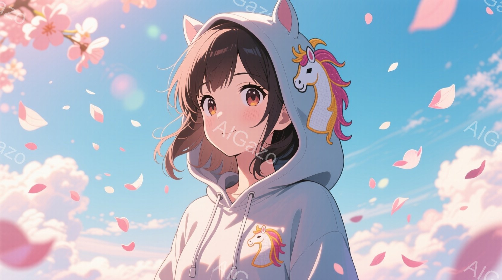 栗色の髪を持つ若い女性が、ユニコーンの耳と角が付いた白いパーカーを着ています。彼女は少し上を見上げ、穏やかで優しい表情を浮かべており、背景には桜の花びらが舞い、晴れた青空が広がっています。全体的に春らしく、暖かく、夢幻的な雰囲気です。