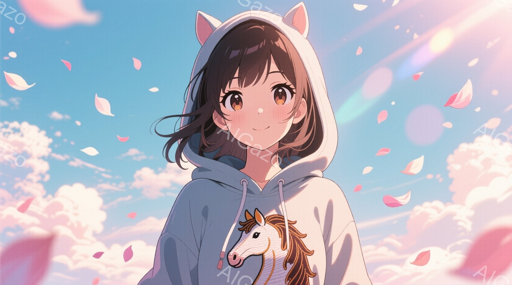 明るい茶色の髪を持つ少女が、馬のイラストが描かれた白いパーカーを着ています。彼女は少し上を見上げ、穏やかな笑顔を浮かべており、頬はほんのり赤らんでいます。背景はパステルカラーの空と雲で、ピンク色の花び - AI生成フリー素材