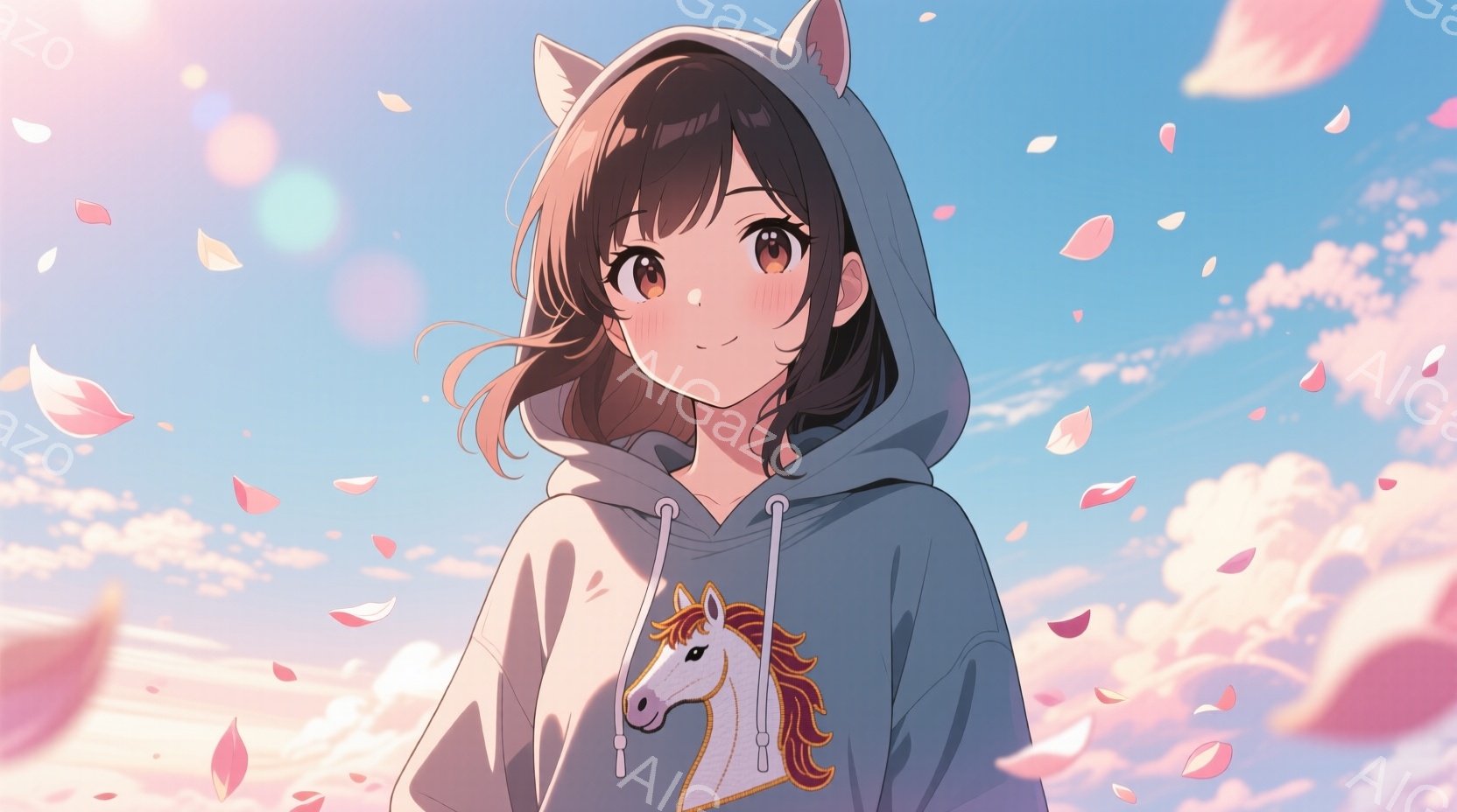 茶色の髪の毛を持つ若い女性が、白い紐付きのパーカーを着て正面を見ている様子を描いています。パーカーには馬の絵が描かれており、女性は穏やかな笑顔で、わずかに上目遣いをしています。背景は、桜の花びらが舞い - AI生成フリー素材