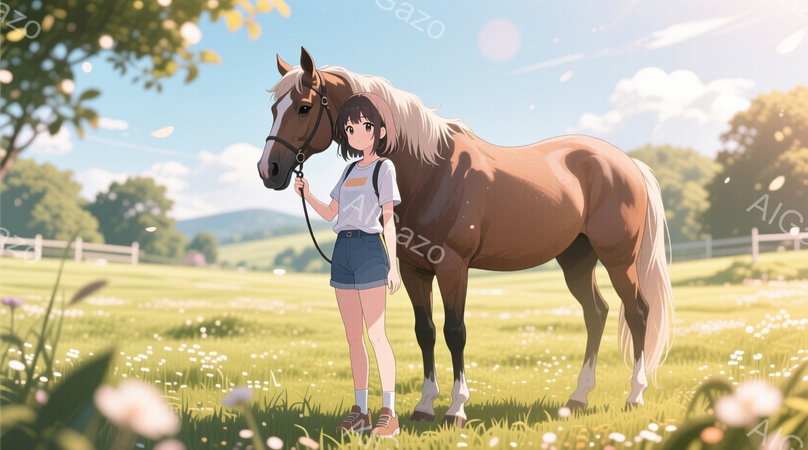 若い女性が茶色の馬の隣に立っており、白いソックスと茶色の靴を履き、白いTシャツとデニムのショートパンツを着用しています。女性は黒髪で、顔は穏やかで、馬のたてがみと合わせてリラックスした雰囲気を醸し出し - AI生成フリー素材