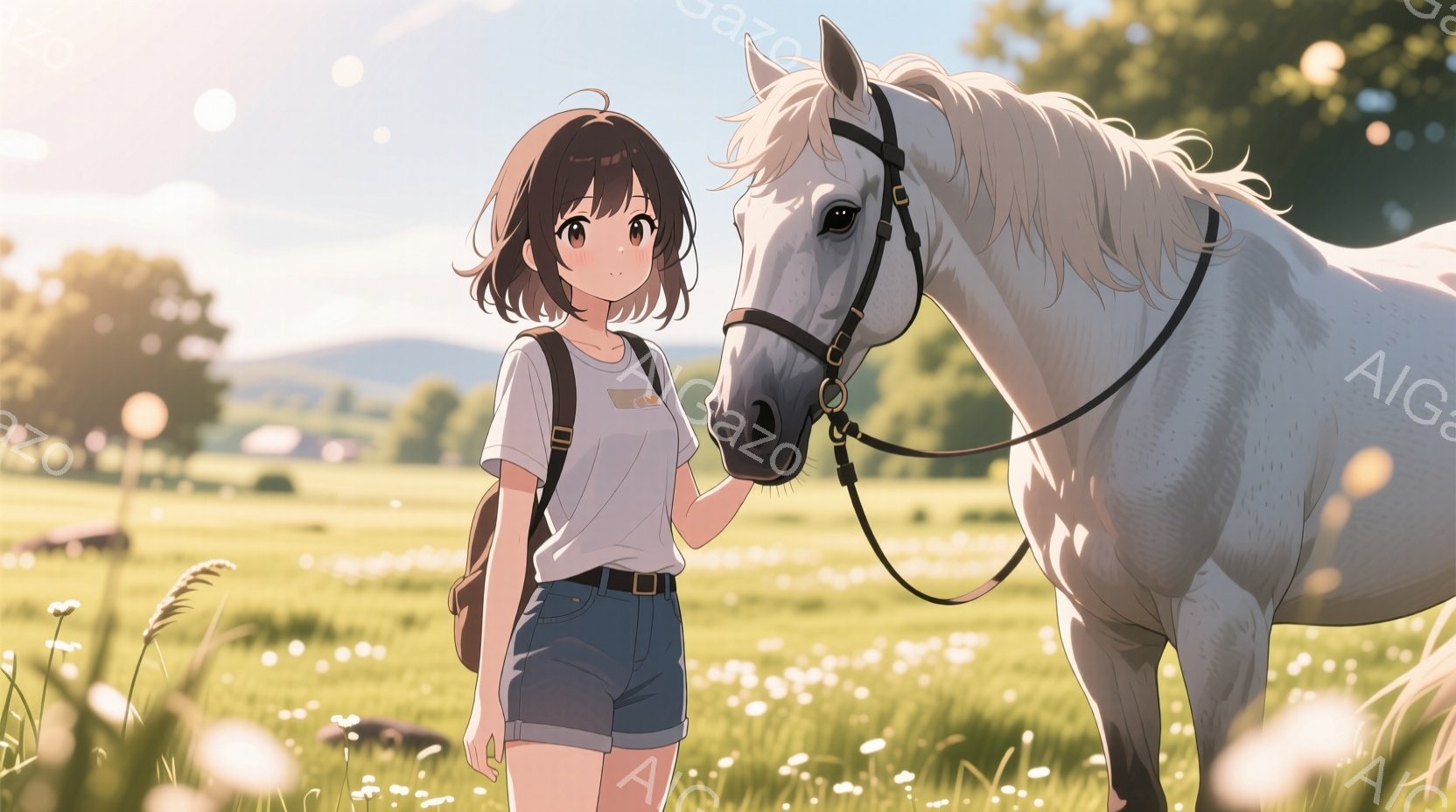 若い女性は白いTシャツとデニムのショートパンツを着て、リュックサックを背負っています。彼女は穏やかな表情で、大きな白い馬の隣に立っており、馬は彼女の方を少し見下ろしています。背景は緑豊かな草原で、遠く - AI生成フリー素材