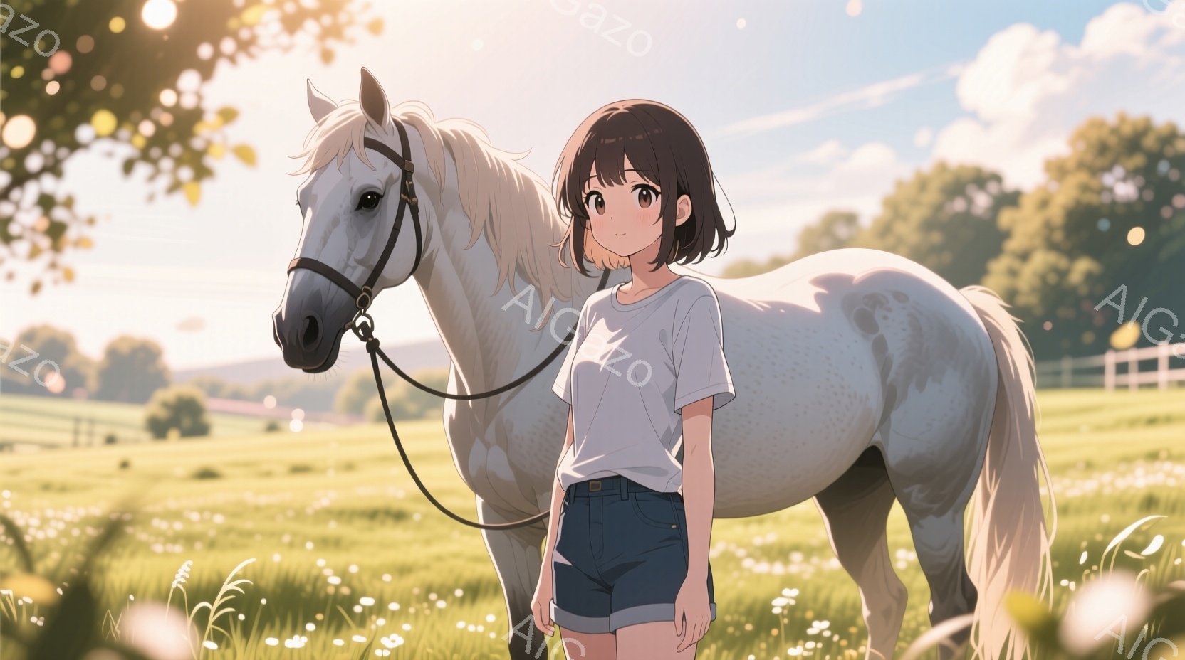 若い女性が白い馬の隣に立っている。彼女は白いTシャツとデニムのショートパンツを身に着け、短い黒髪は肩のあたりでカットされている。背景には緑豊かな草原、白い花々、そして遠くに見える建物があり、晴れた日の - AI生成フリー素材