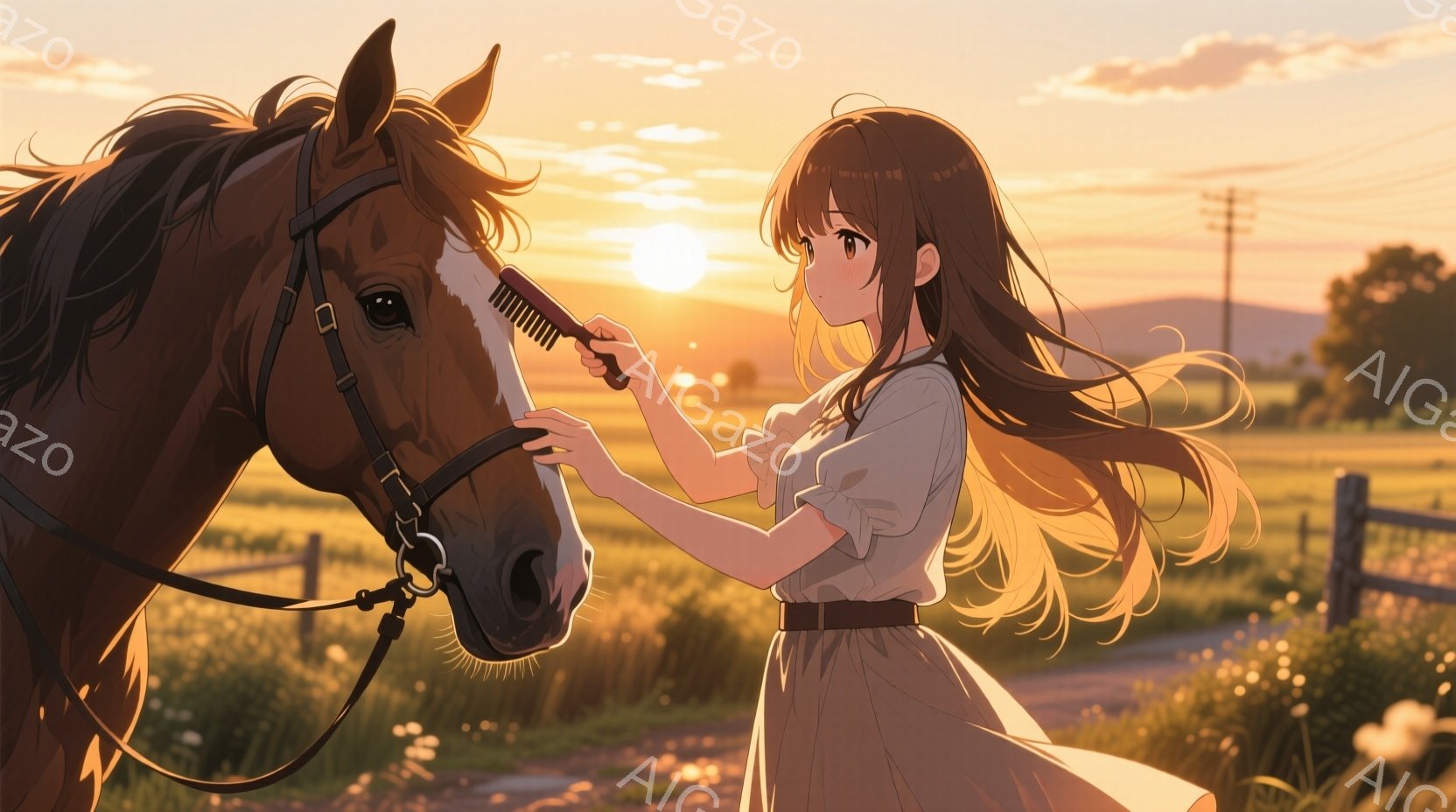 長い茶髪をなびかせた若い女性が、茶色の馬の手入れをしている様子が描かれています。女性は白いブラウスとベージュのスカートを着用し、優しい表情で馬のたてがみを梳かしています。背景には緑豊かな草原が広がり、夕焼け空が馬と女性を暖かく照らしており、穏やかで牧歌的な雰囲気が漂っています。