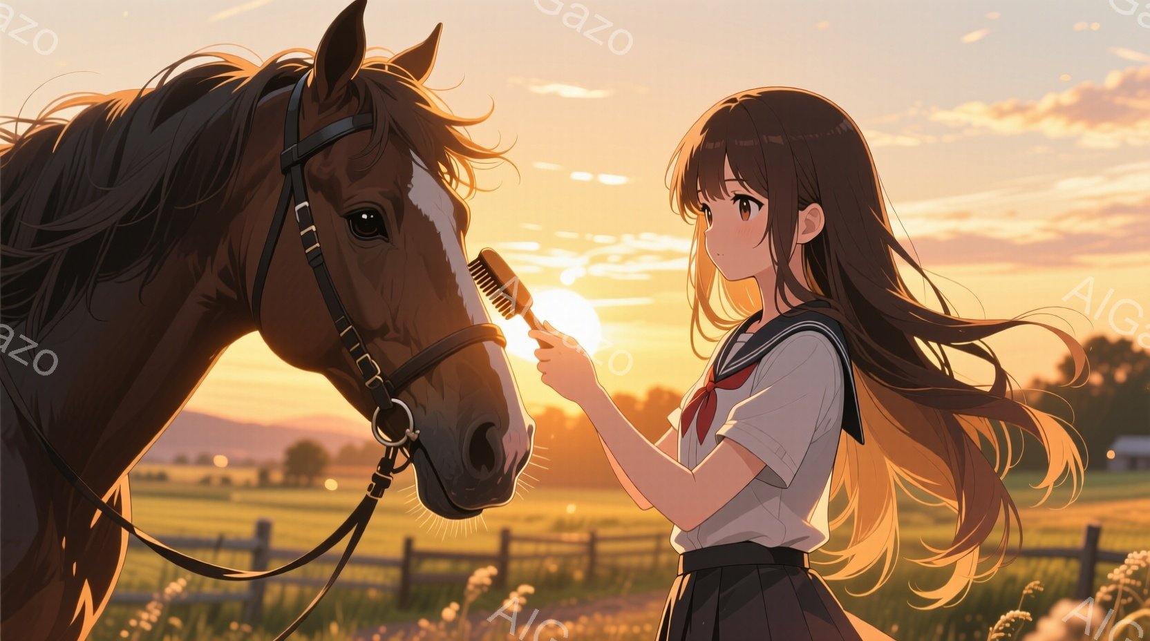 長い茶色の髪をなびかせた少女が、夕焼けの草原で茶色の馬のたてがみをブラシでとかしている。彼女はセーラー服を着ており、穏やかな笑顔を浮かべている。背景には、フェンスと遠くの建物が見え、空は夕焼けのオレン - AI生成フリー素材