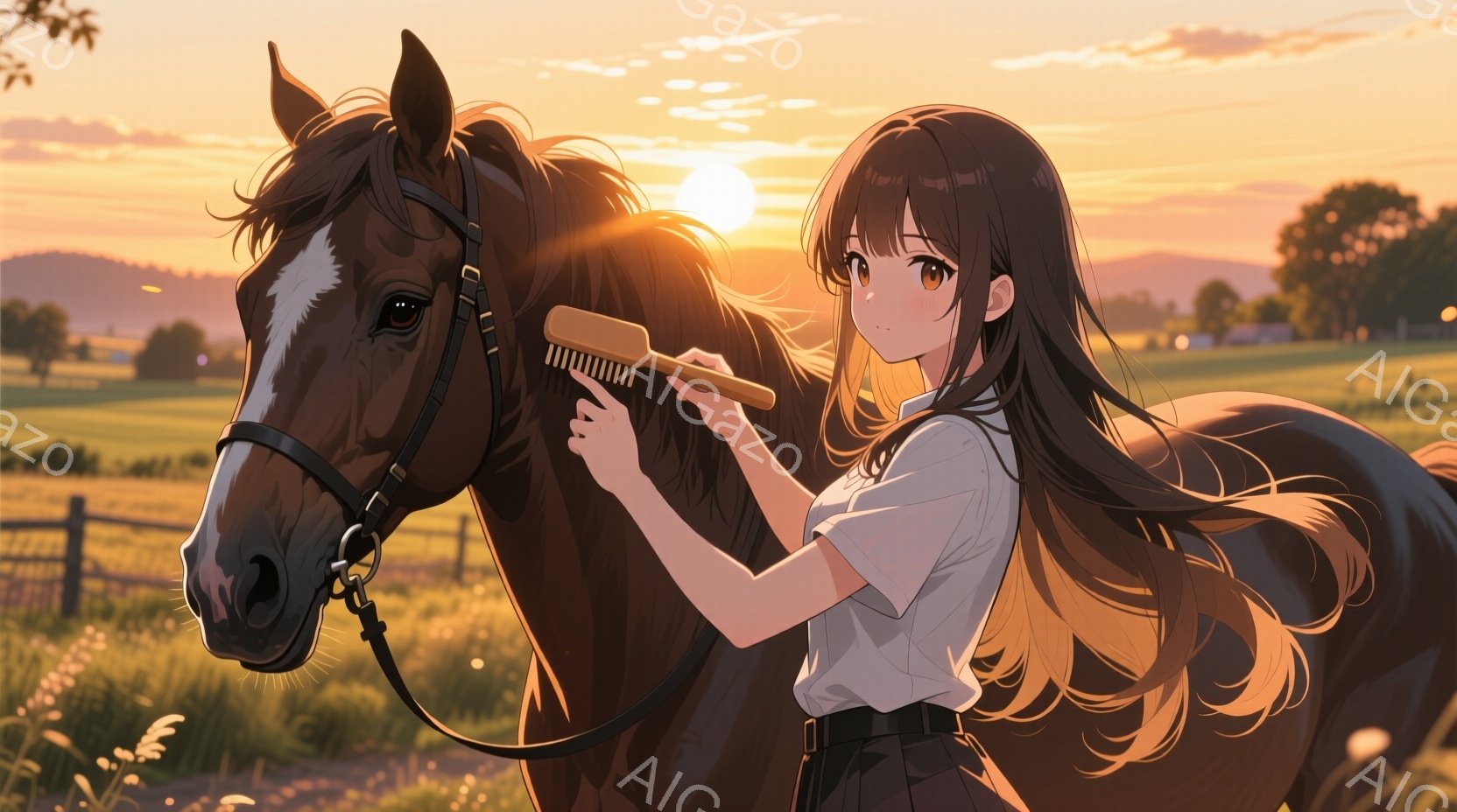 長い黒髪の少女が茶色の馬の手入れをしている様子が描かれています。少女は白いシャツと黒いスカートを着ており、リラックスした表情で馬のたてがみを梳いています。背景には、夕焼けに照らされた緑の牧草地と遠くの丘陵地帯が広がっており、穏やかで暖かな雰囲気を醸し出しています。