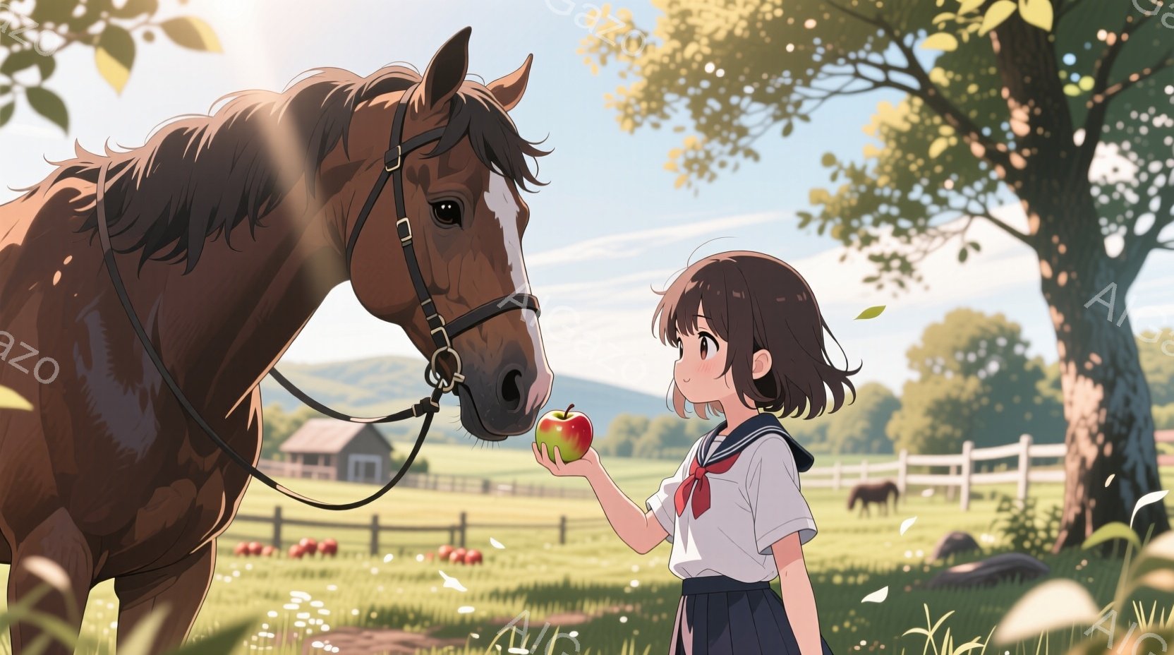 茶色の馬が少女に近づき、彼女は赤いリンゴを差し出しています。少女はショートブラウンの髪で、セーラー服を着ており、優しい笑顔を浮かべています。背景には牧草地、木々、遠くの丘と建物があり、晴れた日の穏やか - AI生成フリー素材