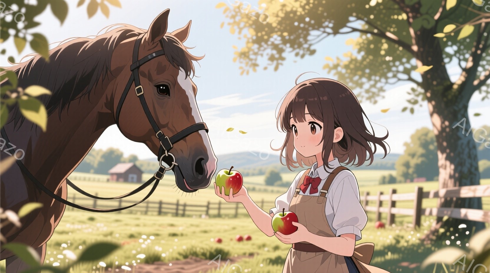 茶色の髪を少しカールさせた少女が、赤いエプロンと白いブラウスを着て、リンゴを馬に差し出しています。馬は少女の差し出したリンゴを食べる準備をしており、穏やかな表情をしています。背景には緑の牧草地、木々、 - AI生成フリー素材