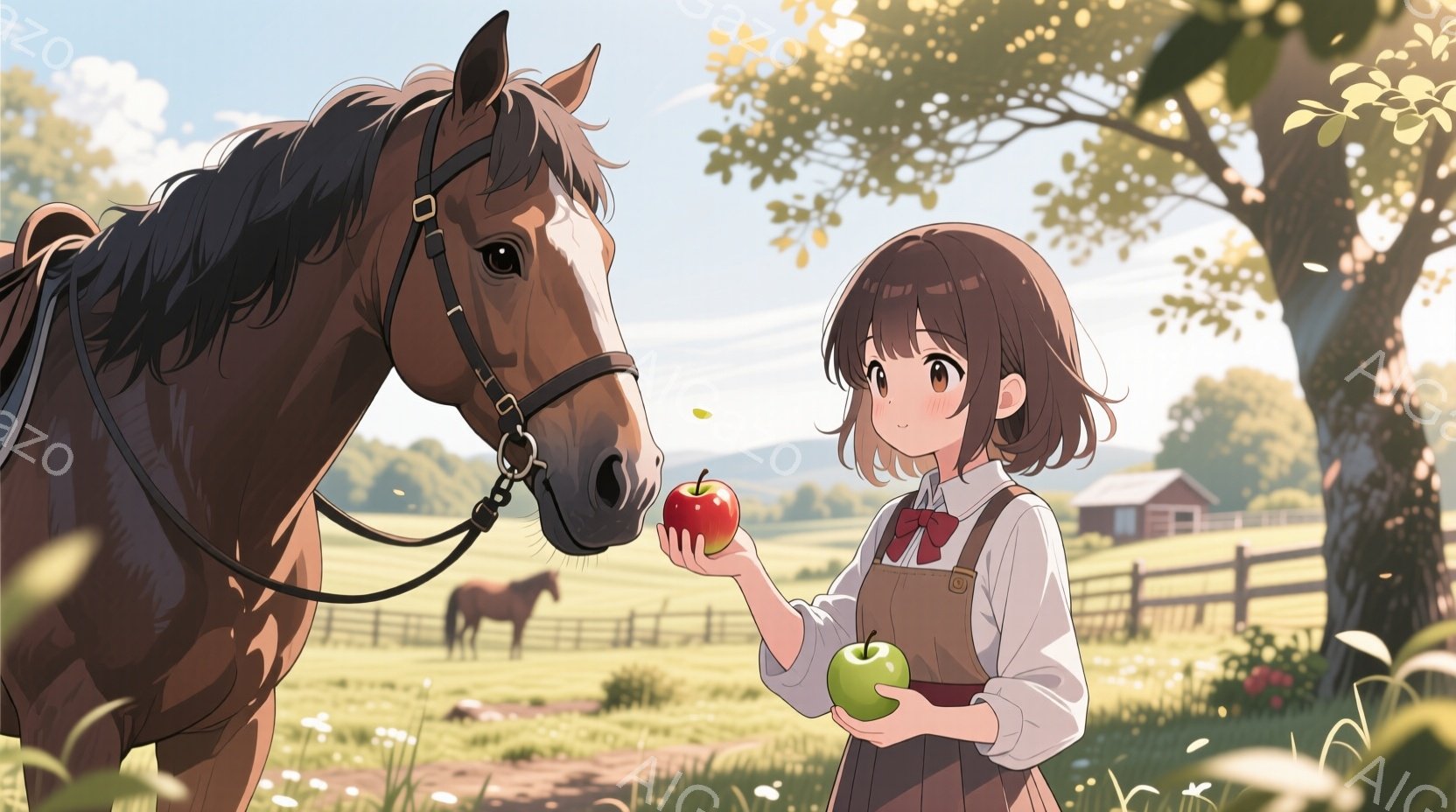 茶髪の短い巻き毛の少女が、赤いオーバーオールと白いブラウスを着て、リンゴを手に持っています。彼女は穏やかな笑顔で茶色の馬にリンゴを差し出そうとしており、背景には緑の牧草地、柵、そして遠くに小さなお家が - AI生成フリー素材