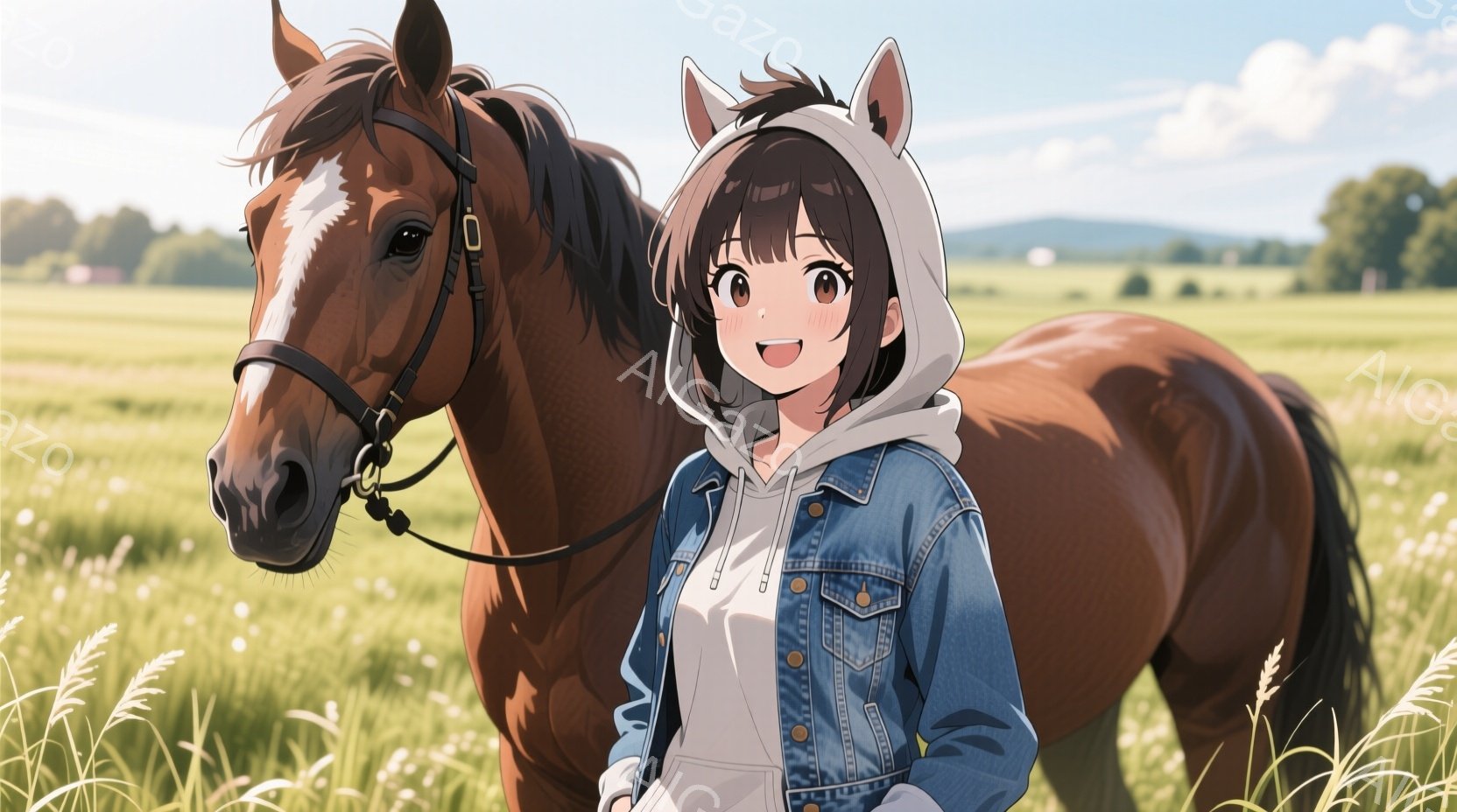 若い女性は、明るい緑色の草原で茶色の馬の隣に立っています。彼女は白いパーカーとデニムジャケットを着ており、髪は短く茶色で、少し笑顔を浮かべています。背景には遠くの丘と青空が広がり、穏やかで平和な雰囲気 - AI生成フリー素材