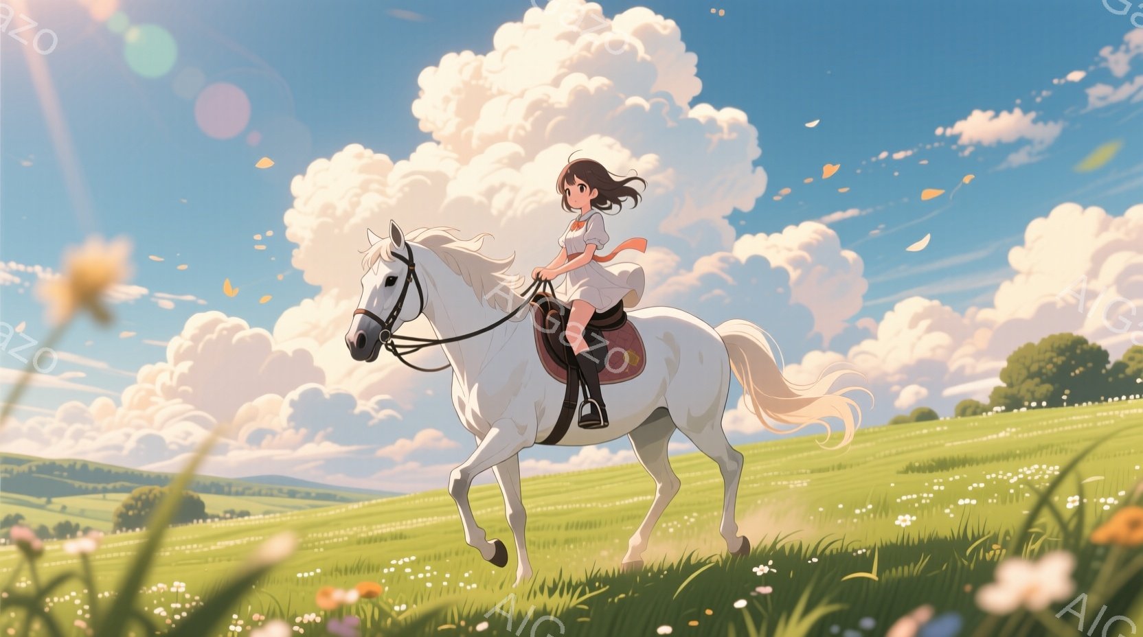 白い馬に乗った少女が緑の草原を駆けている。少女は茶色の短い髪で、白いブラウスと短いスカートを身につけており、リラックスした表情で馬に跨っている。背景には、青空とふわふわとした白い雲、遠くの木々が見え、 - AI生成フリー素材