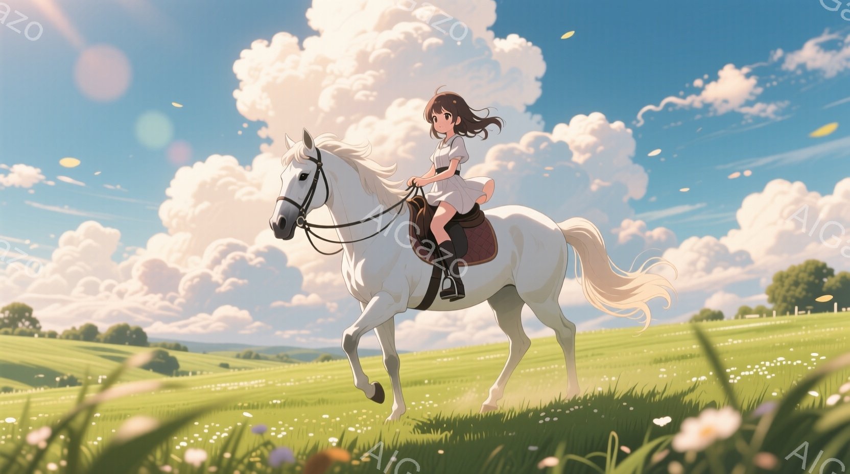 白い馬に乗った少女が草原を駆けている様子が描かれています。少女は明るい色のワンピースとブーツを履き、髪を後ろで結んでいます。背景には緑豊かな草原、白い雲が浮かぶ青空、そして遠くの木々が見え、穏やかで爽 - AI生成フリー素材