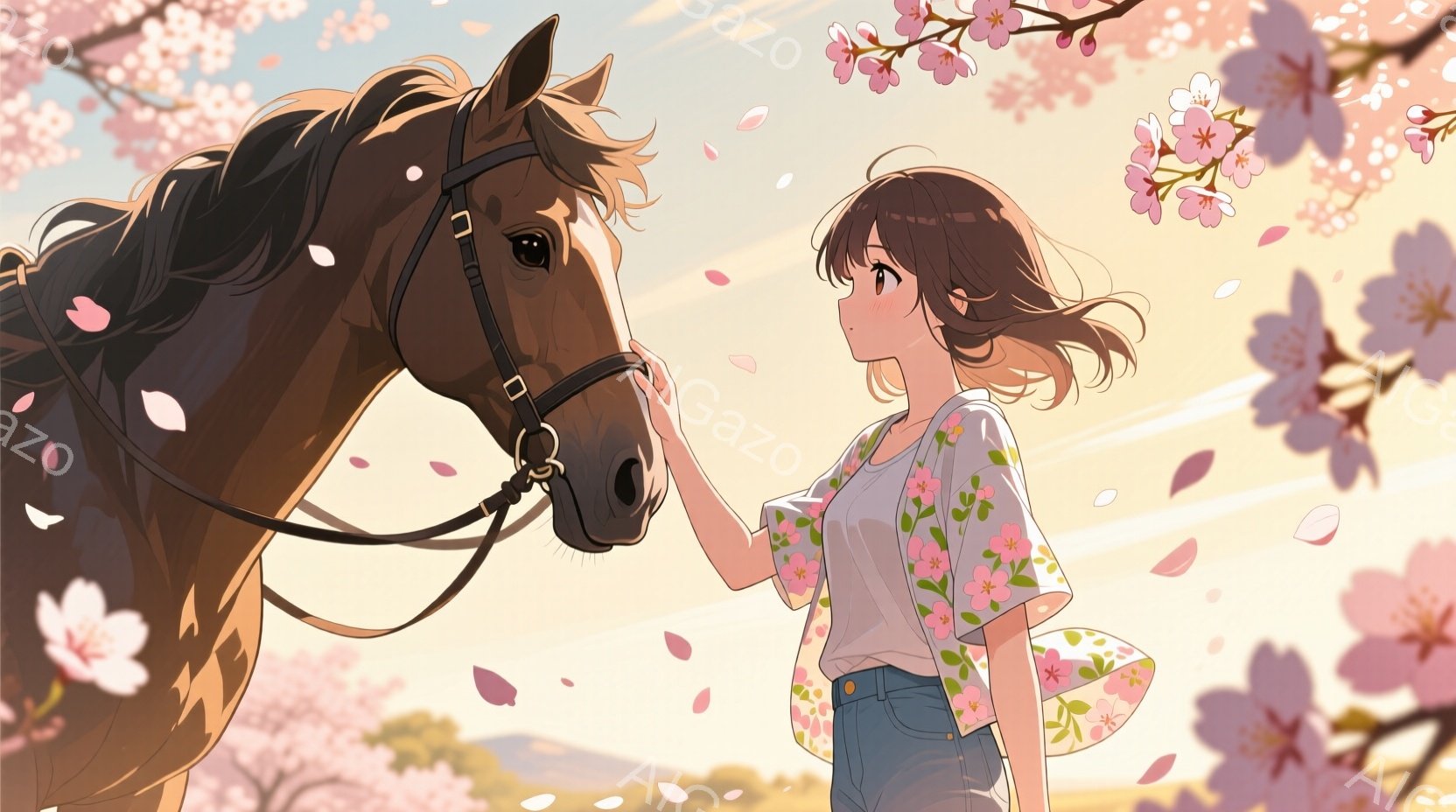 少女は桜並木の下で茶色の馬に優しく触れています。彼女は白いTシャツに花柄のカーディガン、そしてデニムのショートパンツというカジュアルな服装で、長い茶髪を少しウェーブさせています。背景には桜が咲き乱れ、 - AI生成フリー素材