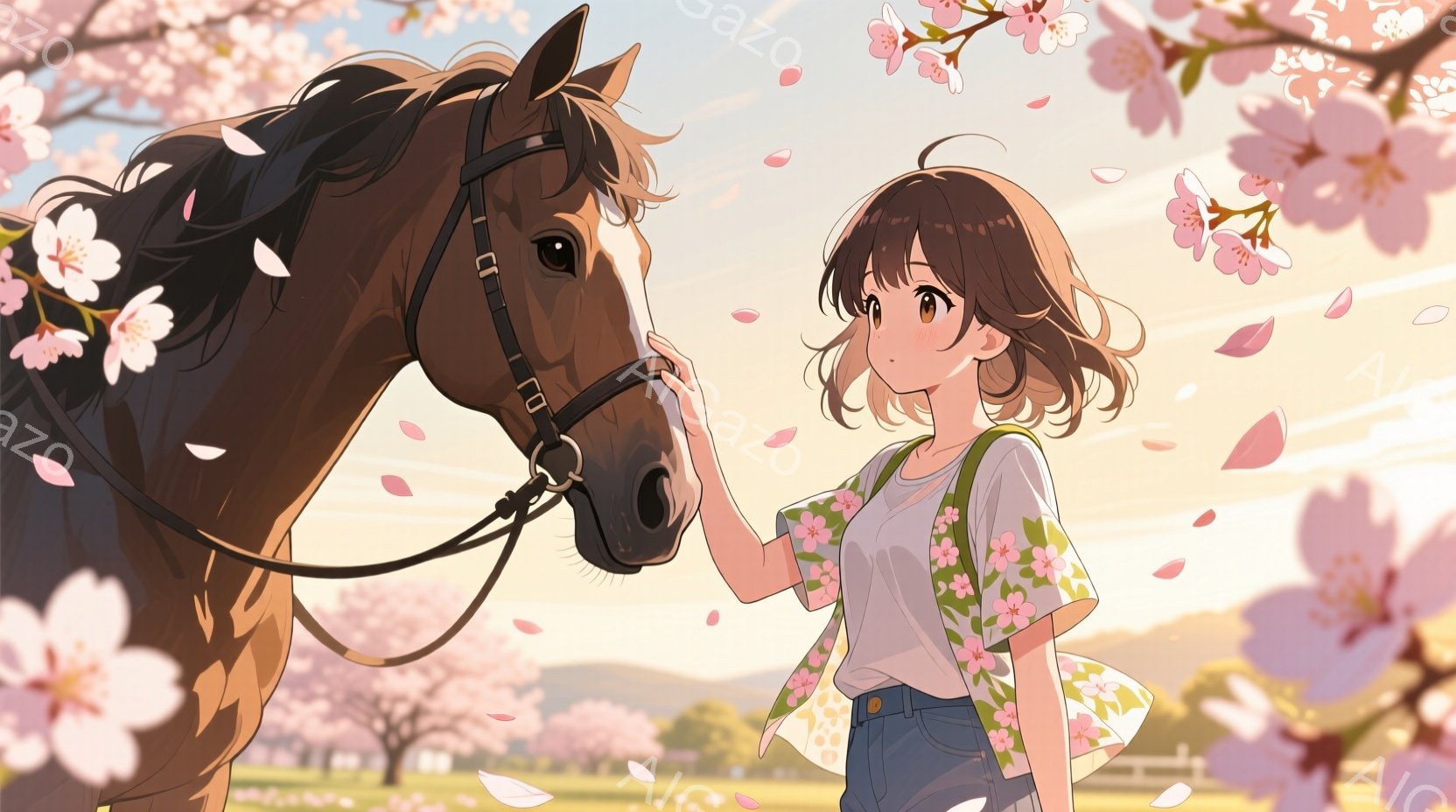 茶色の髪を軽くカールさせた少女が、桜並木の下で茶色の馬に優しく触れている。彼女は花柄のブラウスとデニムのショートパンツを着用し、肩にバッグをかけている。背景には緑の草原と遠くの建物が見え、桜の花びらが - AI生成フリー素材