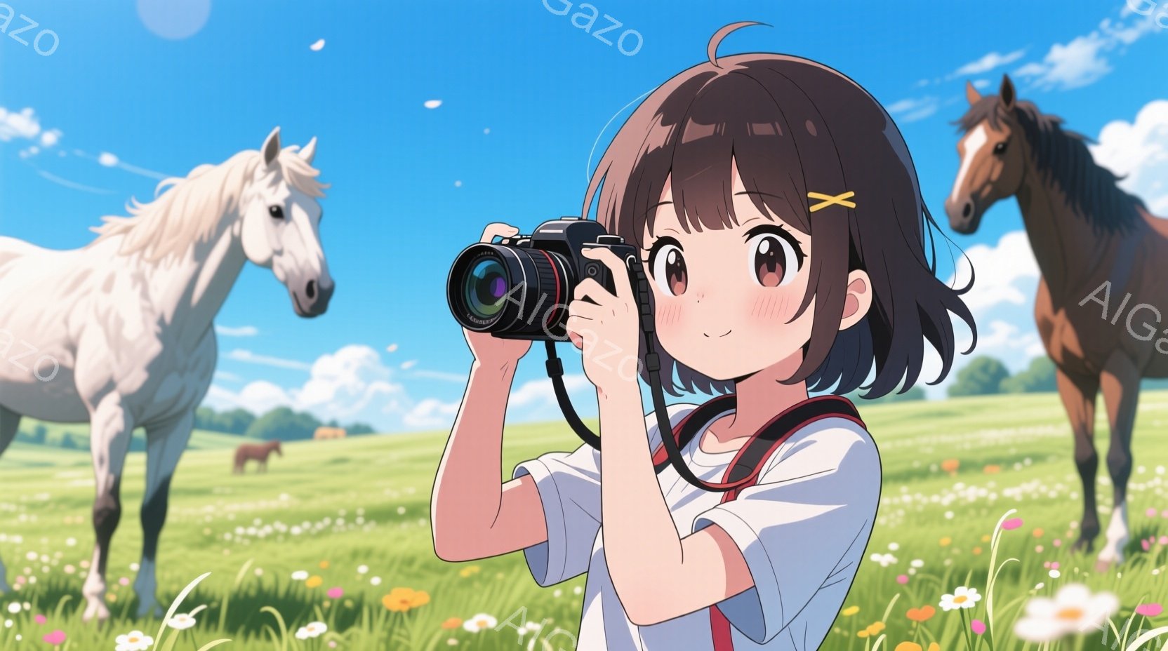 明るい緑の草原で、カメラを持った少女が撮影に夢中になっている。彼女は白いTシャツに赤いリボンをつけ、茶色のショートヘアにヘアピンをつけている。背景には、白い馬と茶色の馬がおり、空は青く、晴天で、全体的 - AI生成フリー素材