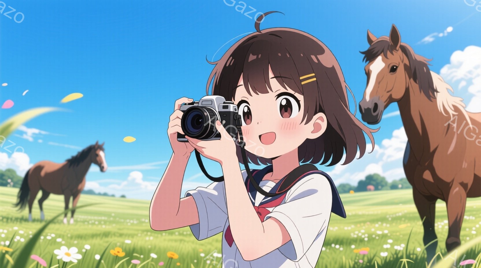 茶色のショートヘアの少女が、カメラを持って写っている。彼女は白いブラウスに紺色のリボンとセーラーカラーのネクタイを着ており、頬を赤らめて笑顔を見せている。背景には緑の草原と白い花が咲き乱れ、二頭の茶色 - AI生成フリー素材