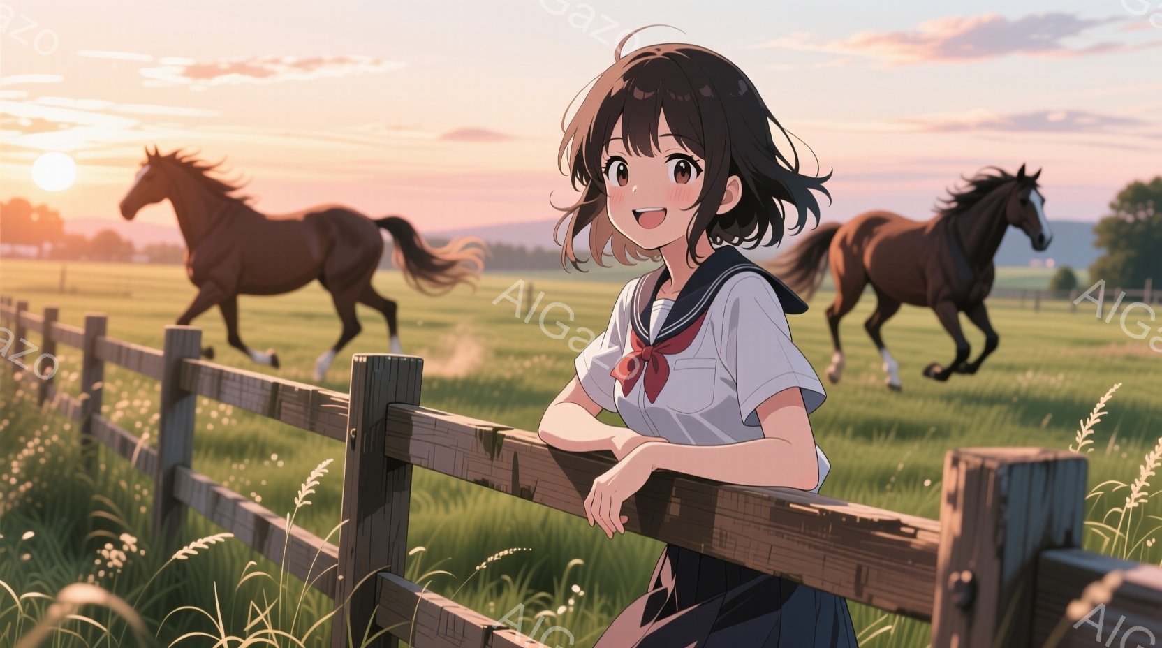 茶色の髪の少女は、柵にもたれかかり、微笑んでいます。彼女は白いブラウスにネクタイ、そして紺色のスカートを着ています。背景には緑の草原と、走る馬たちがおり、夕焼け空が広がっています。 - AI生成フリー素材