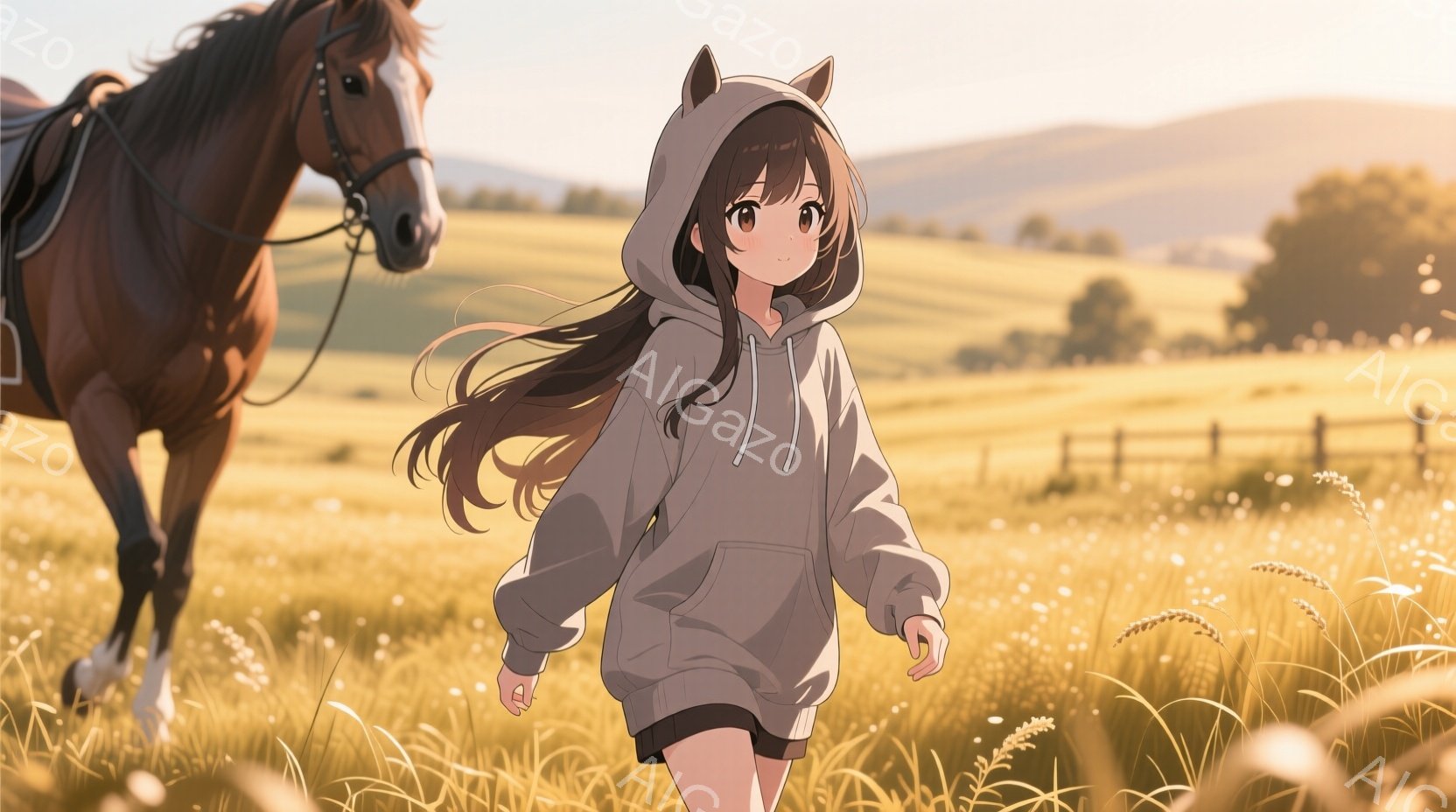 長い茶髪の少女が、麦畑の中を駆けている。オーバーサイズのパーカーと短いズボンを着用し、少し伏し目がちで、どこか憂いを帯びた表情をしている。背景には緑豊かな丘陵地帯が広がり、夕焼けのような暖かい光が全体を包み込み、穏やかで少し寂しげな雰囲気を醸し出している。