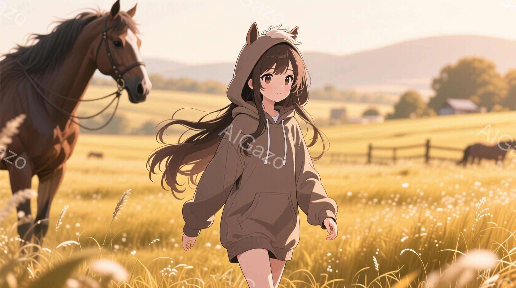 長い茶色の髪をなびかせ、ベージュ色のパーカーを着た若い女性が、草原の中を歩いている。彼女は前を見つめ、穏やかな表情を浮かべている。背景には牧草地、遠くには建物が見え、夕焼けのような暖かく穏やかな光が全 - AI生成フリー素材