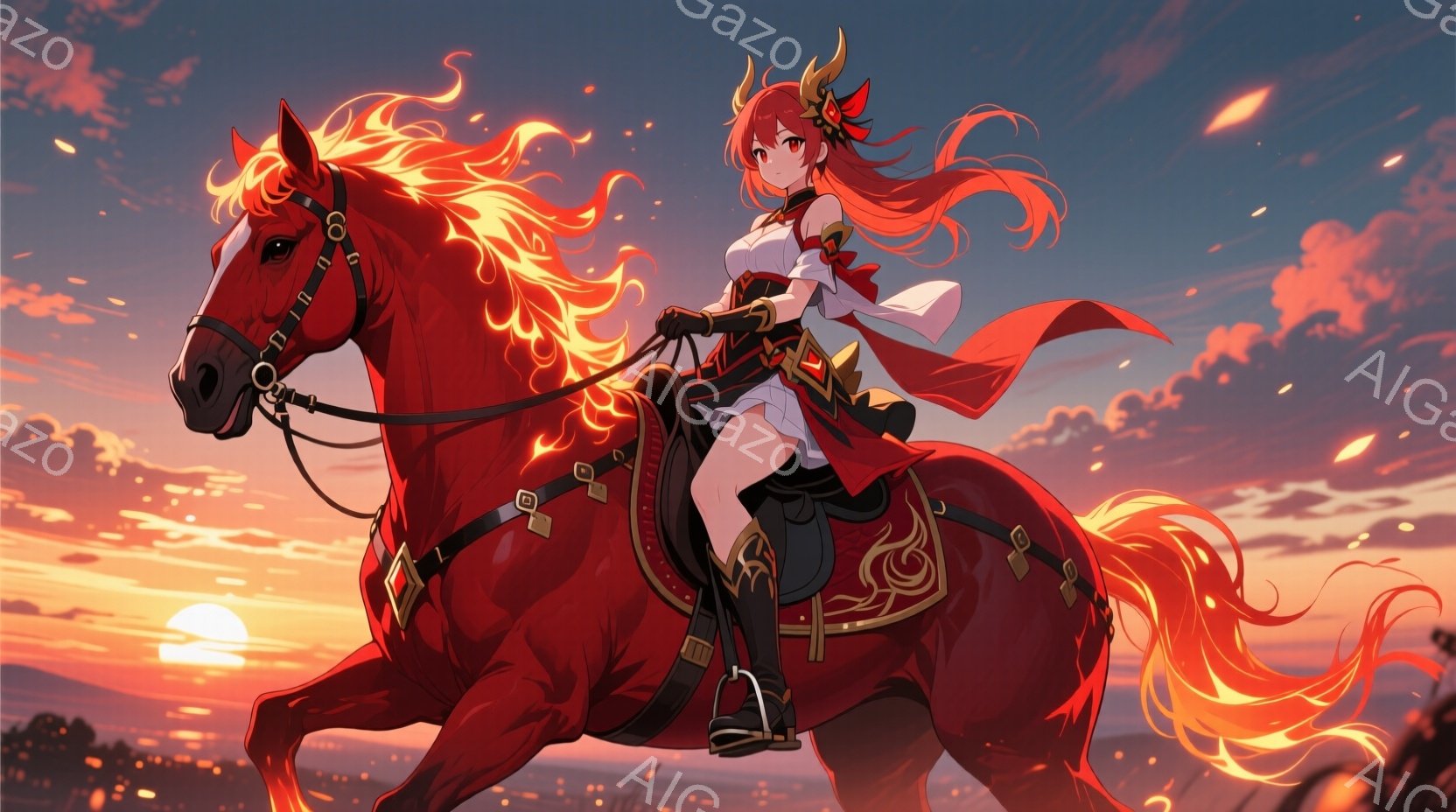 明るい赤髪の女性が、燃えるような赤い馬に乗って疾走している。彼女は白いブラウスに赤い装飾のあるベストとスカートを身につけ、金色の装飾が施されたブーツを履いている。背景には夕焼けが広がり、遠くに建物の影 - AI生成フリー素材