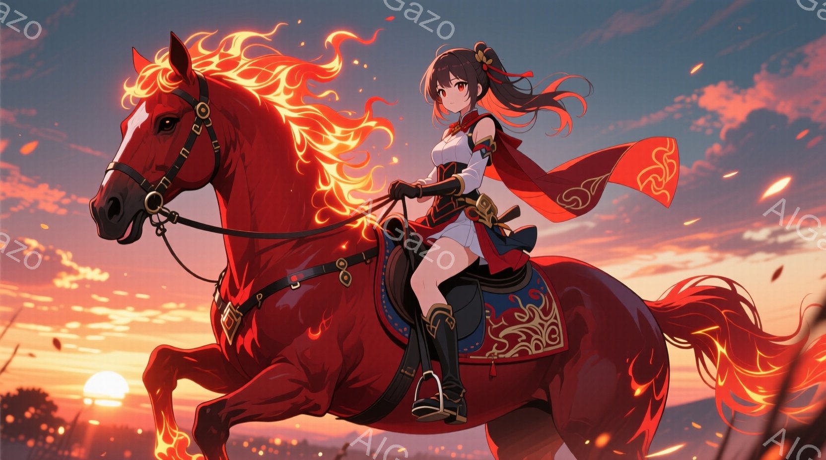 赤い馬に乗った女性が描かれています。彼女は黒髪のツインテールで、赤い衣装と装飾が施された鎧を身に着けており、表情は凛々しく、どこか決意に満ちています。背景は夕焼け空で、馬の周りには炎のようなエフェクトがあり、力強く幻想的な雰囲気を醸し出しています。