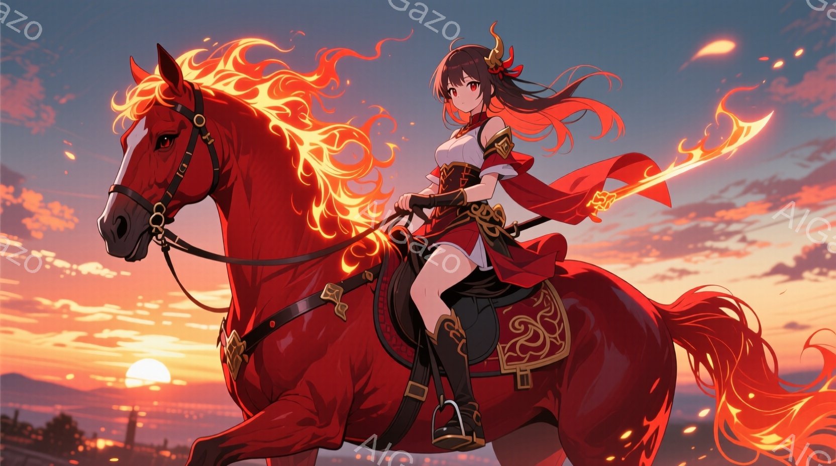 深紅色の馬に乗った女性が描かれている。彼女は黒髪を長く結い、赤い装飾が施された鎧と黒いスカートを身に着けており、表情は凛々しく、どこか自信に満ち溢れている。背景は夕焼け空で、遠くに建物のシルエットが見え、馬の周囲には炎のようなエフェクトが広がっており、力強く美しい雰囲気を醸し出している。