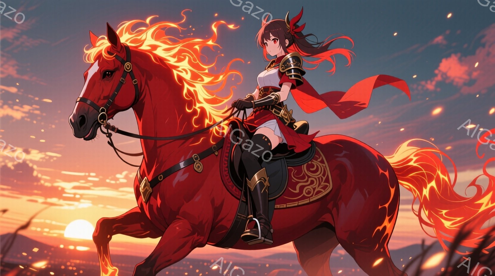 燃えるような赤い馬に乗った女性が描かれています。彼女は黒髪を長く後ろで結い、赤いリボンで飾っており、鎧と黒い服を着ています。背景は夕焼けで、空はオレンジと赤の色調で、馬の周囲には炎のようなエフェクトが広がっています。