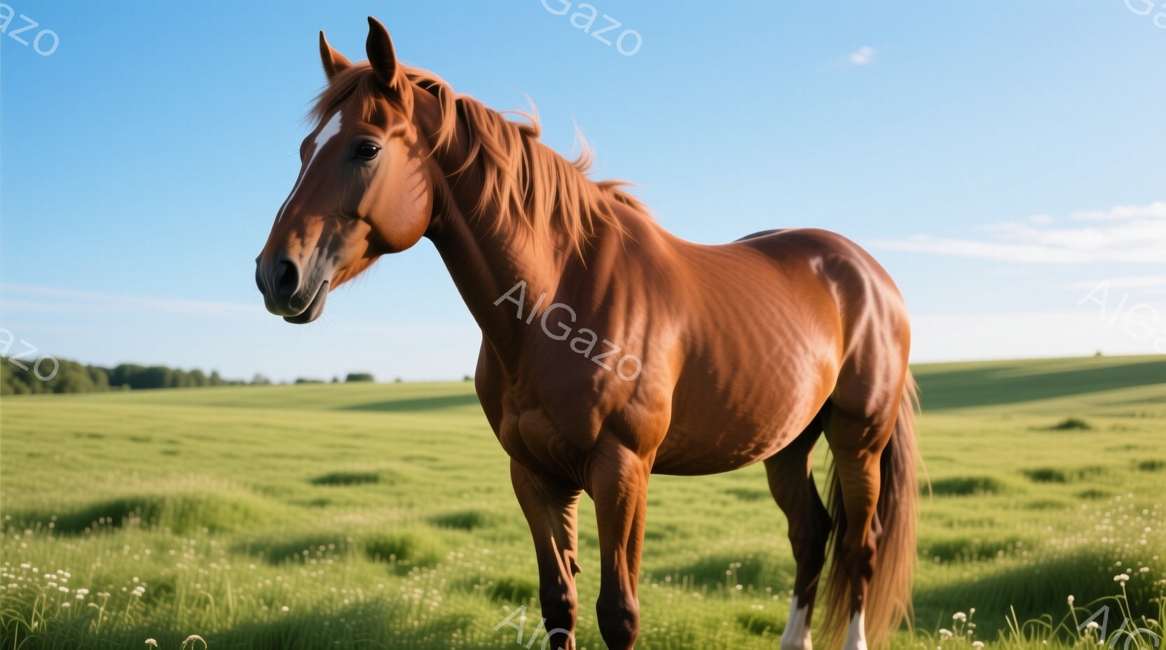 赤褐色の毛並みを持つ美しい馬が、緑豊かな草原の中に立っている。馬はリラックスした姿勢で、穏やかな表情を浮かべているように見える。背景にはなだらかな丘と青空が広がり、平和で牧歌的な雰囲気を醸し出している - AI生成フリー素材
