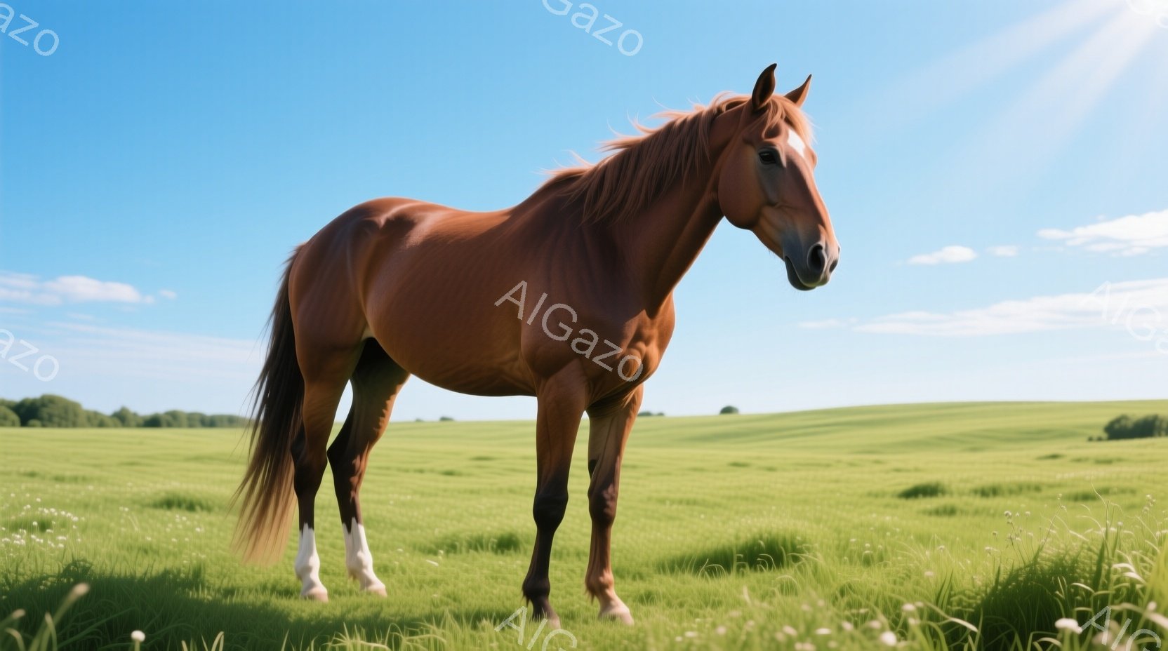 赤茶色の馬が緑の草原に立っている。太陽が照りつけ、白く輝く四肢とたてがみが印象的で、穏やかで平和な雰囲気が漂っている。背景には、なだらかな丘と青空が広がり、自然豊かな風景が広がっている。